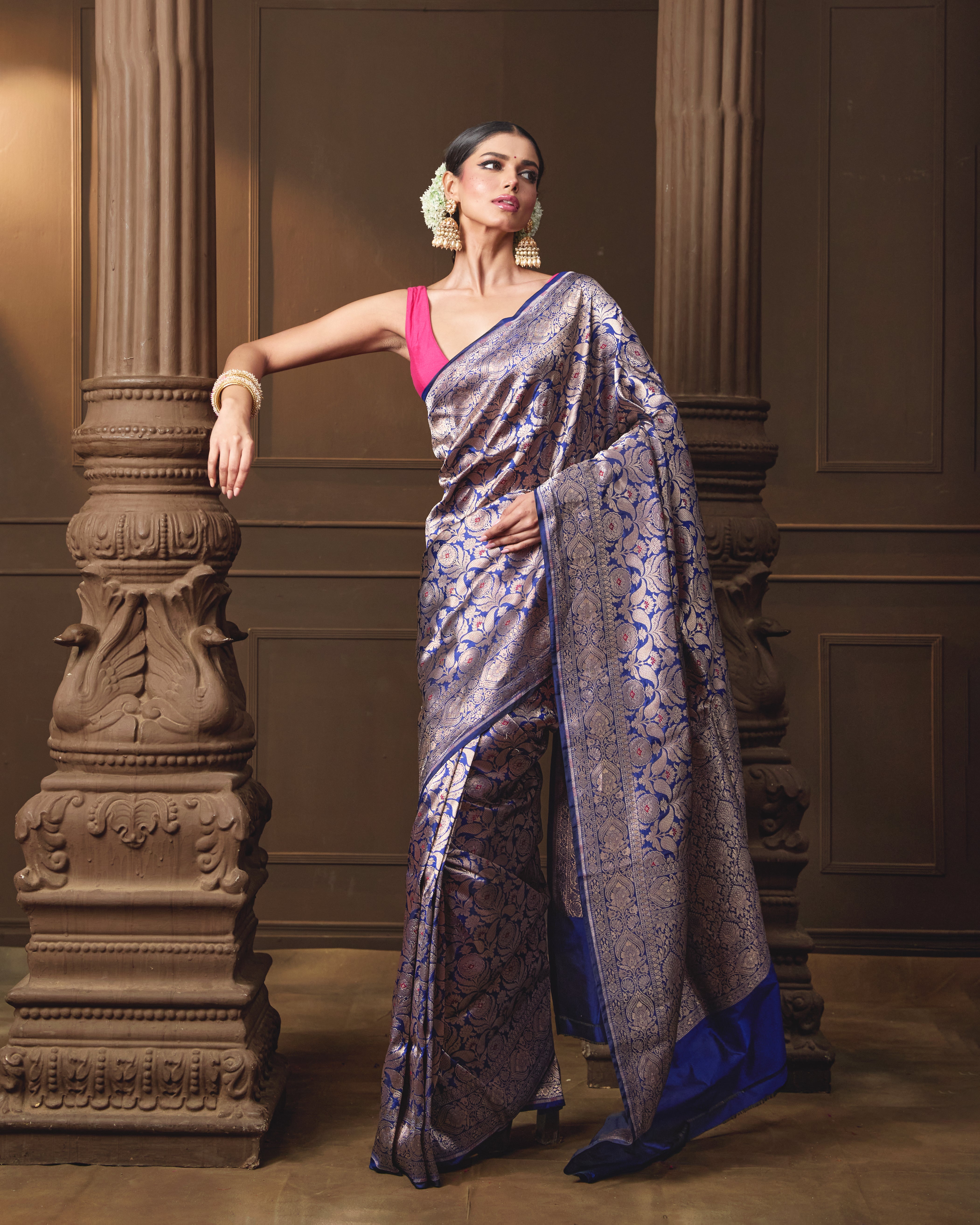 Royal Blue Banarasi Silk Saree with Rich Jaal Weave and Maroon Meena