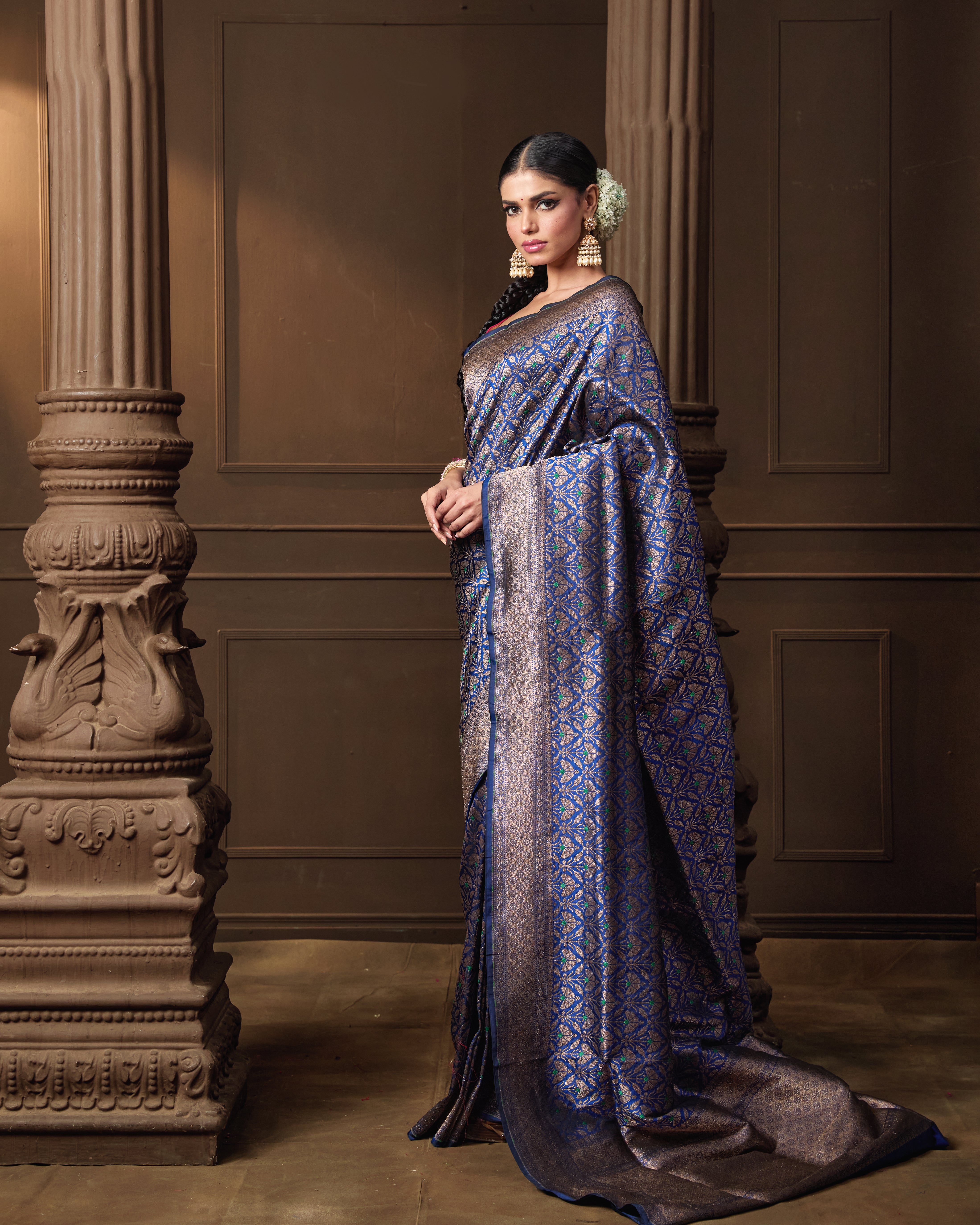 Blue Banarasi Silk Jaal Saree with Meena Work & Running Blouse