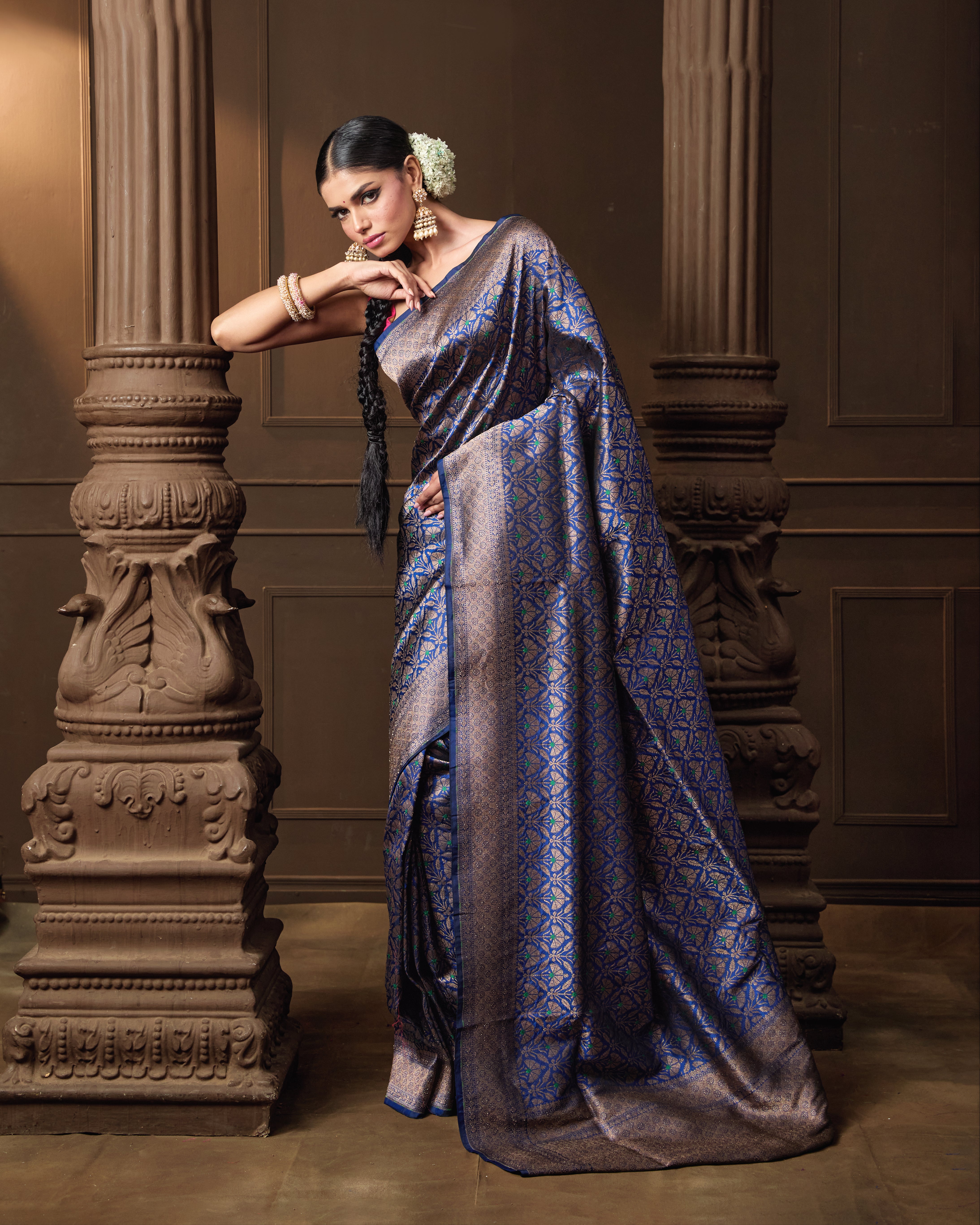 Blue Banarasi Silk Jaal Saree with Meena Work & Running Blouse