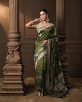 Olive Banarasi Silk Saree with Silver & Gold Zari