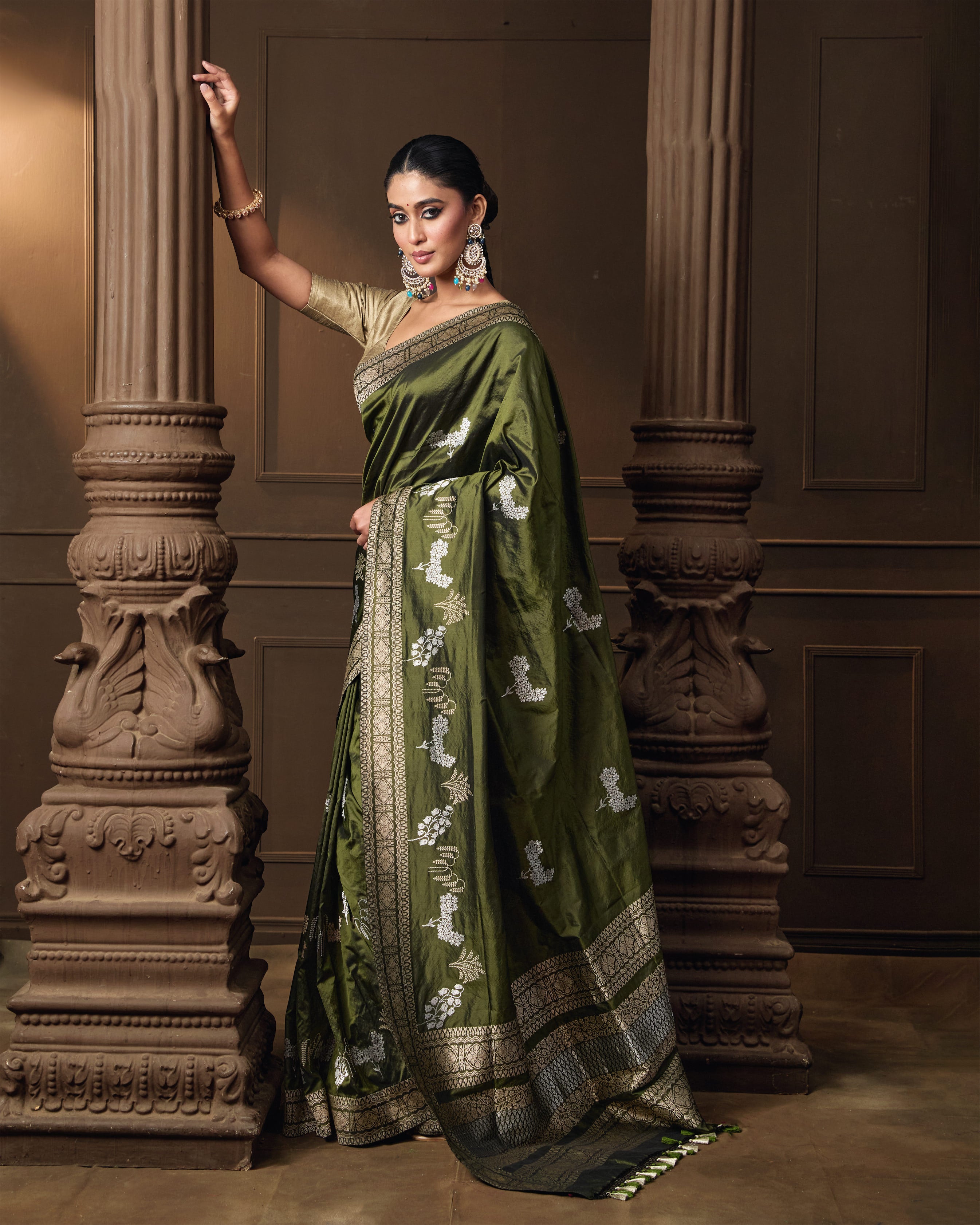 Olive Banarasi Silk Saree with Silver & Gold Zari