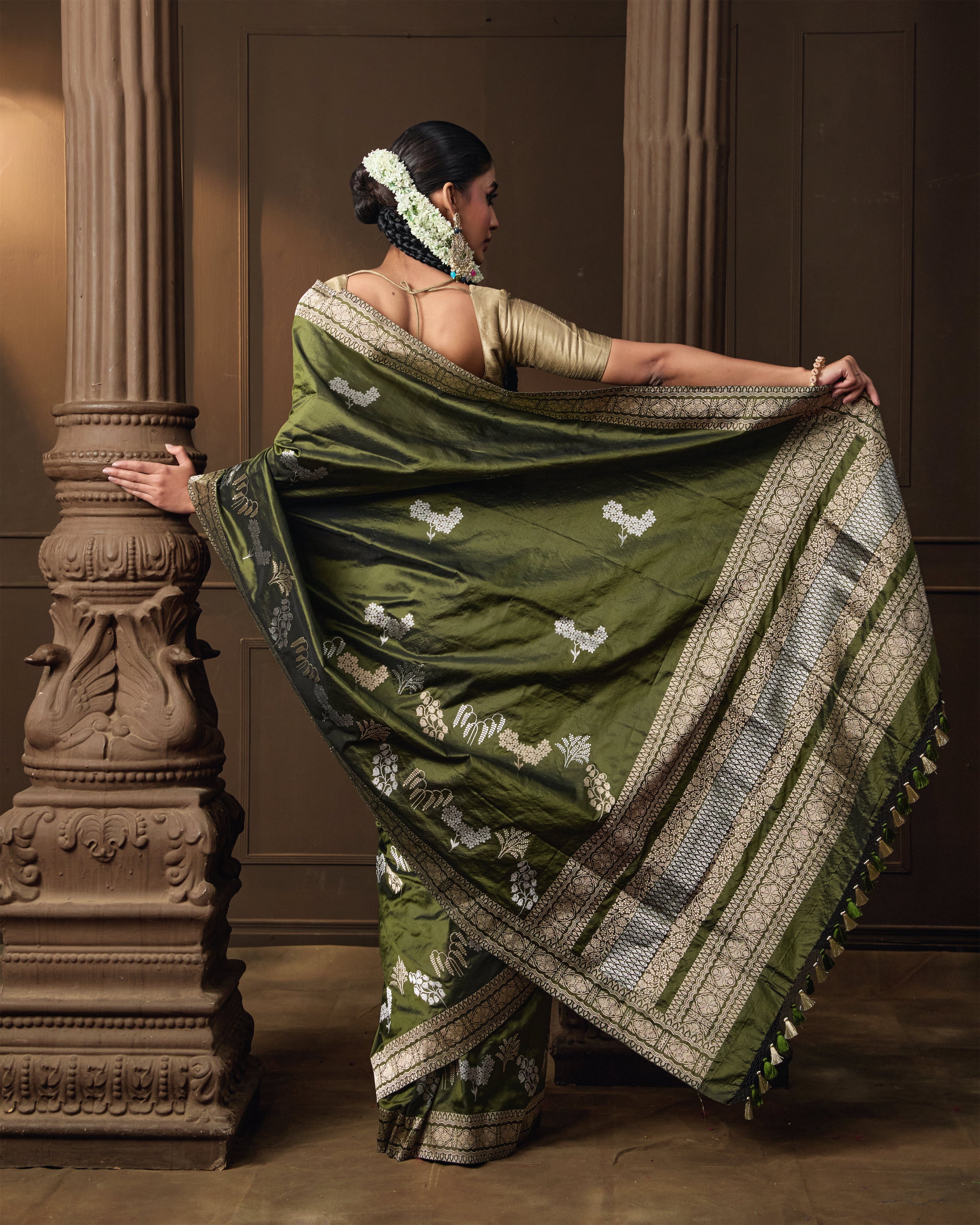 Olive Banarasi Silk Saree with Silver & Gold Zari