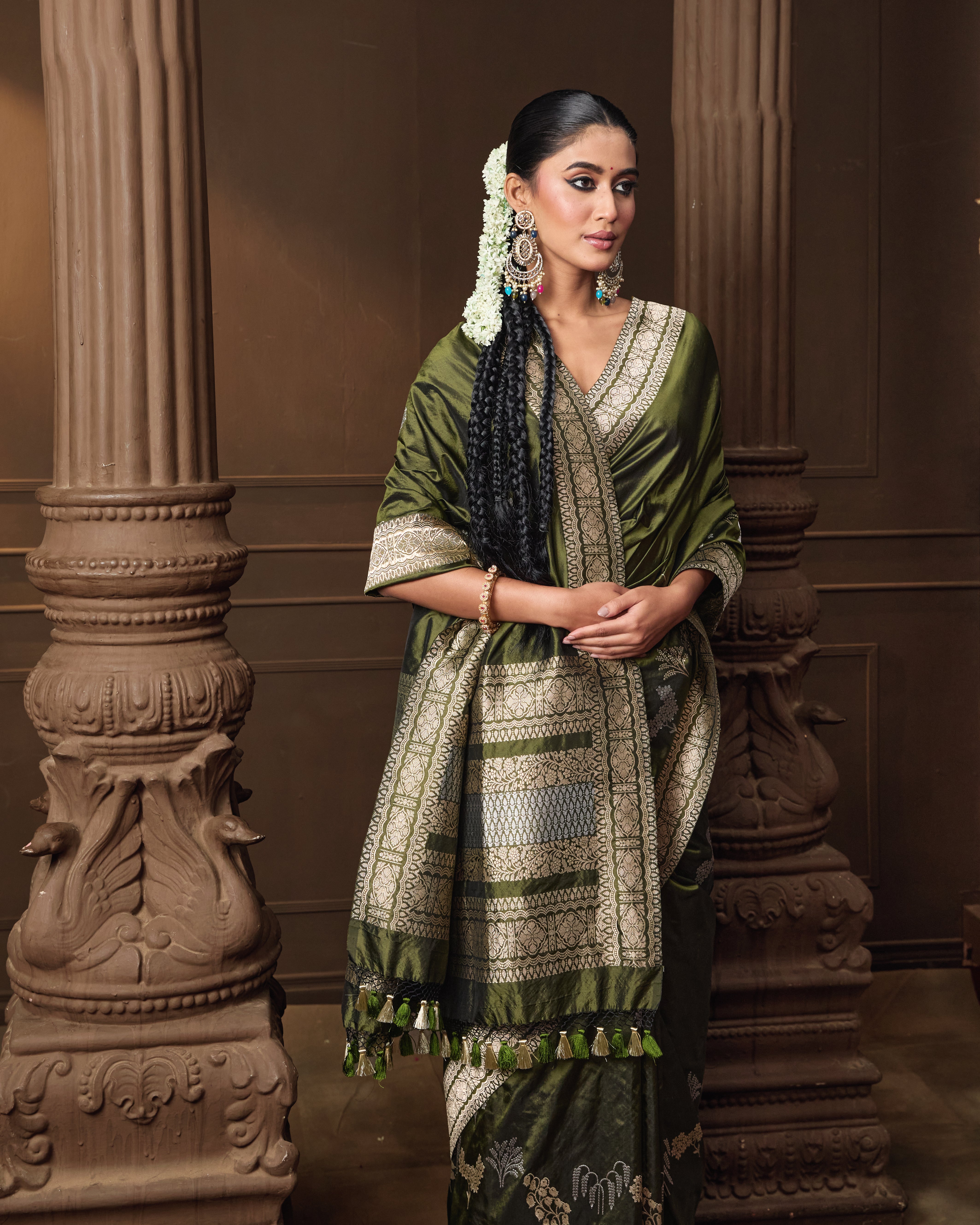 Olive Banarasi Silk Saree with Silver & Gold Zari