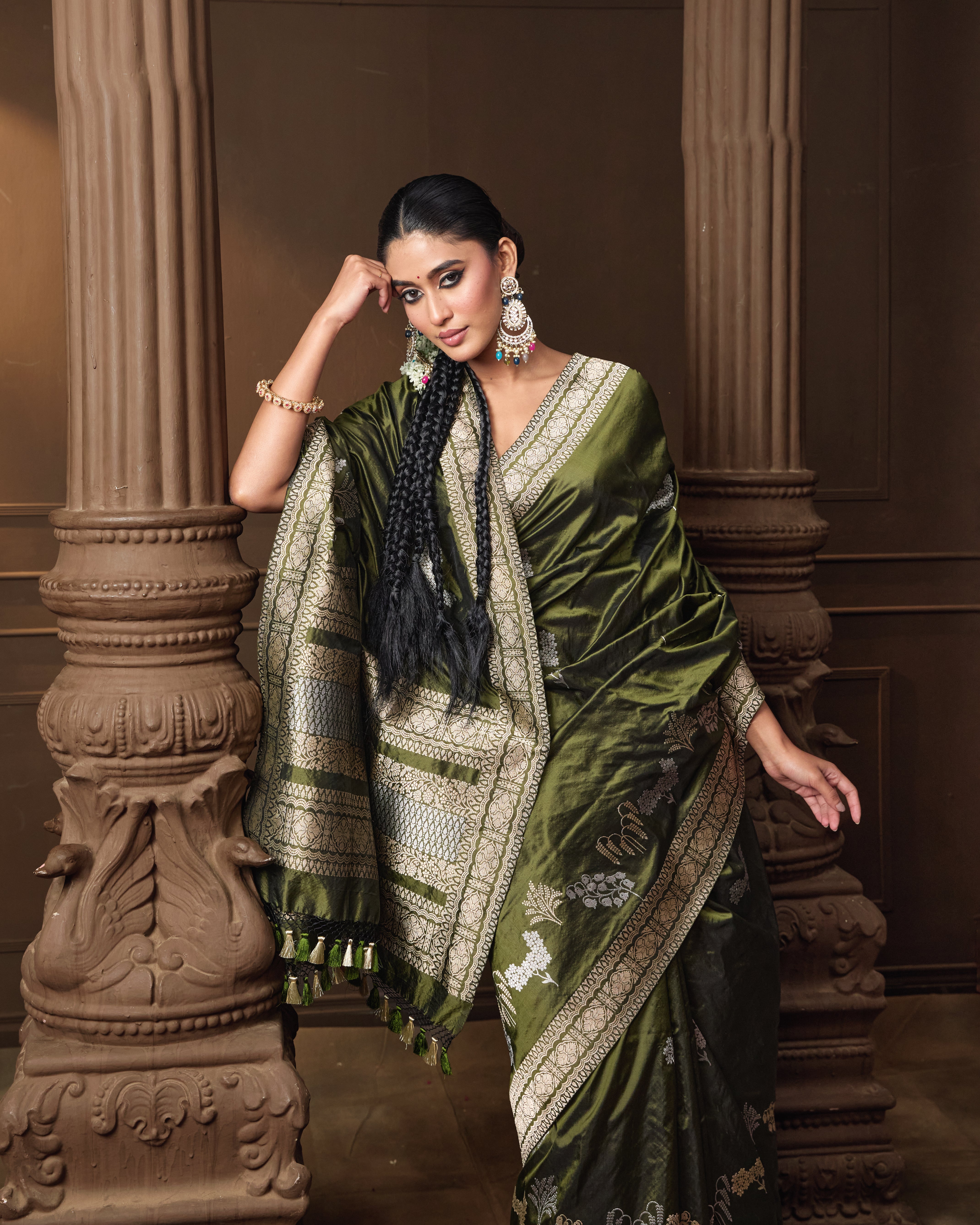Olive Banarasi Silk Saree with Silver & Gold Zari