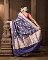 Blue Banarasi Silk Rose Jaal Saree with Running Blouse