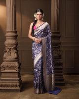 Blue Banarasi Silk Rose Jaal Saree with Running Blouse