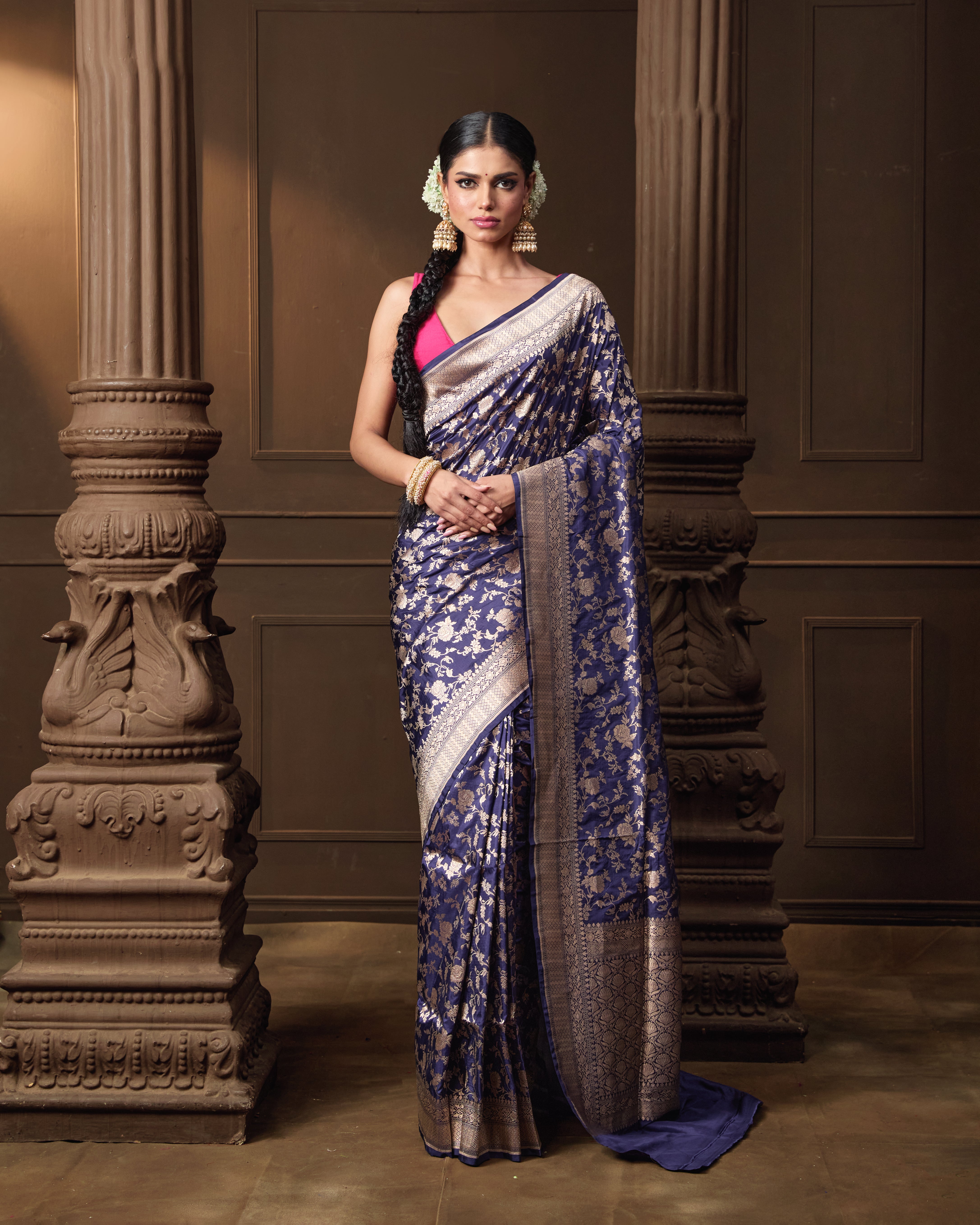 Blue Banarasi Silk Rose Jaal Saree with Running Blouse