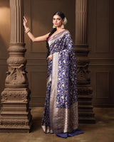 Blue Banarasi Silk Rose Jaal Saree with Running Blouse