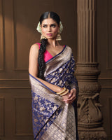 Blue Banarasi Silk Rose Jaal Saree with Running Blouse