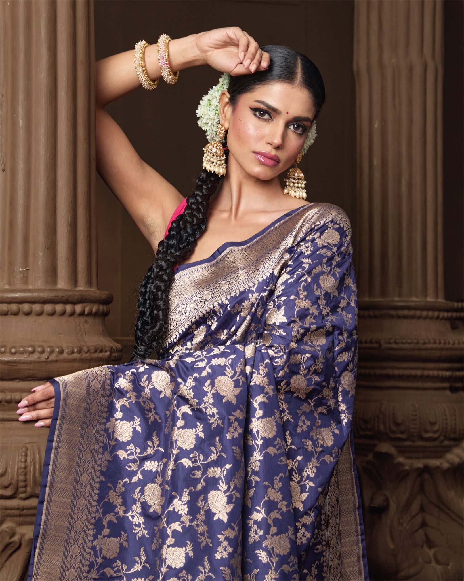Blue Banarasi Silk Rose Jaal Saree with Running Blouse