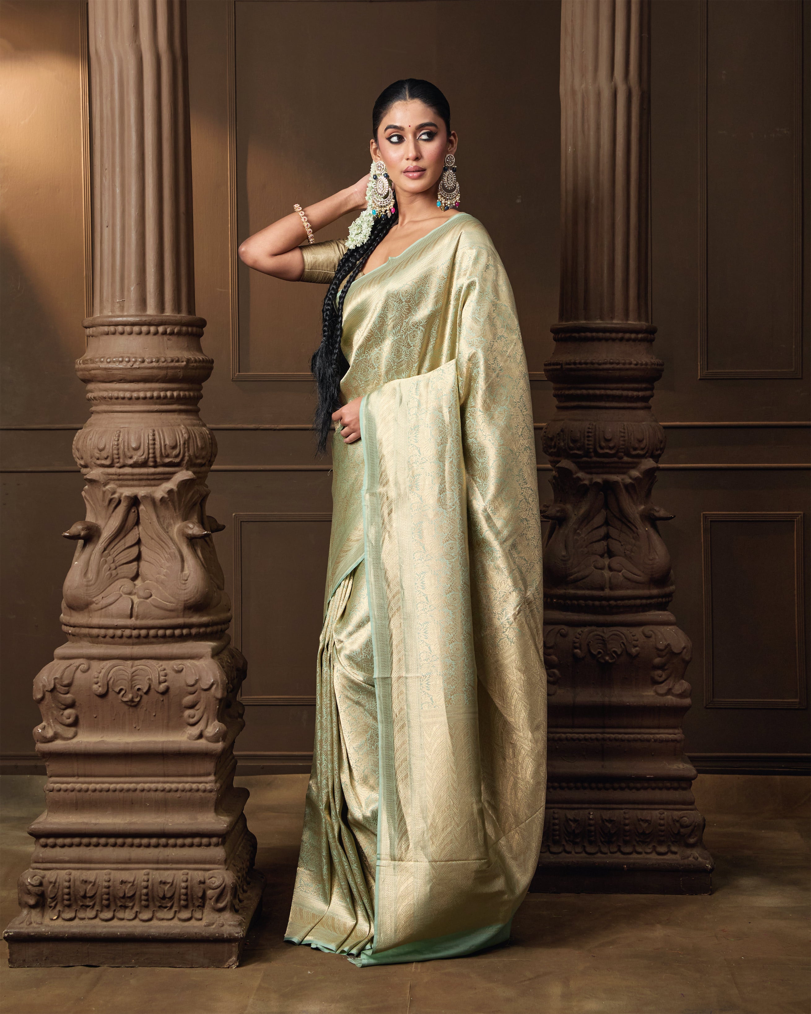 Rukmini Maitra in Sage Green Brocade Banarasi Silk Saree