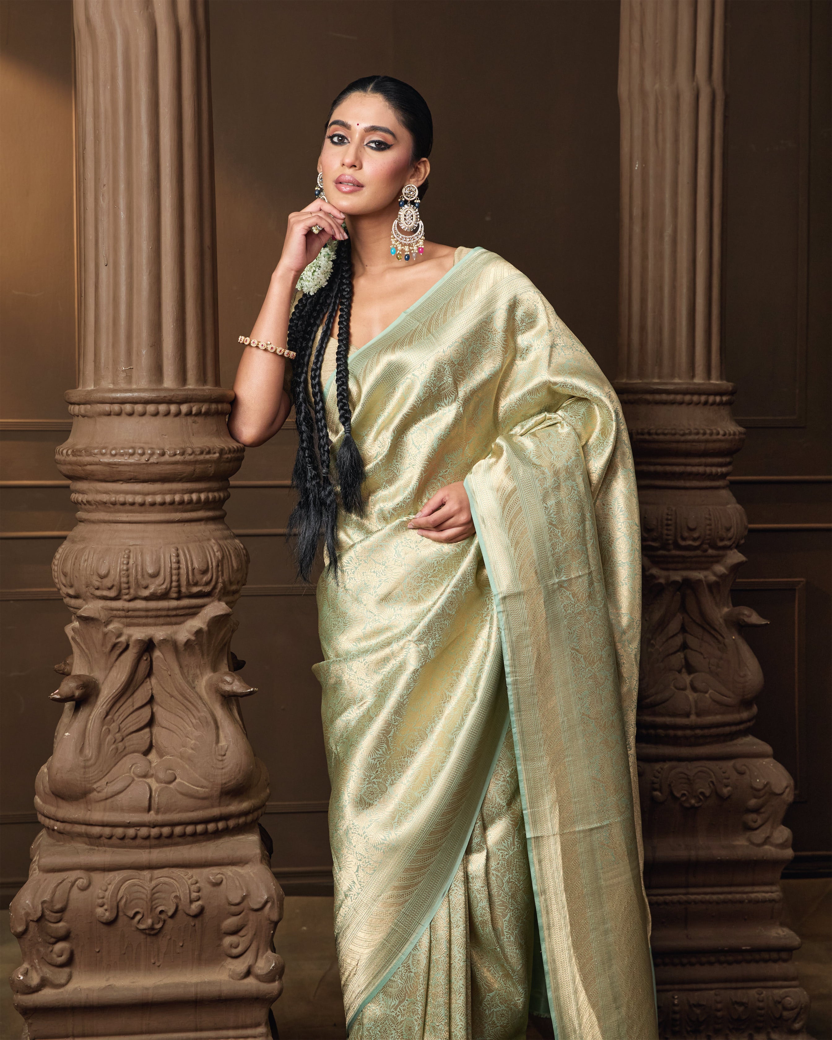 Rukmini Maitra in Sage Green Brocade Banarasi Silk Saree