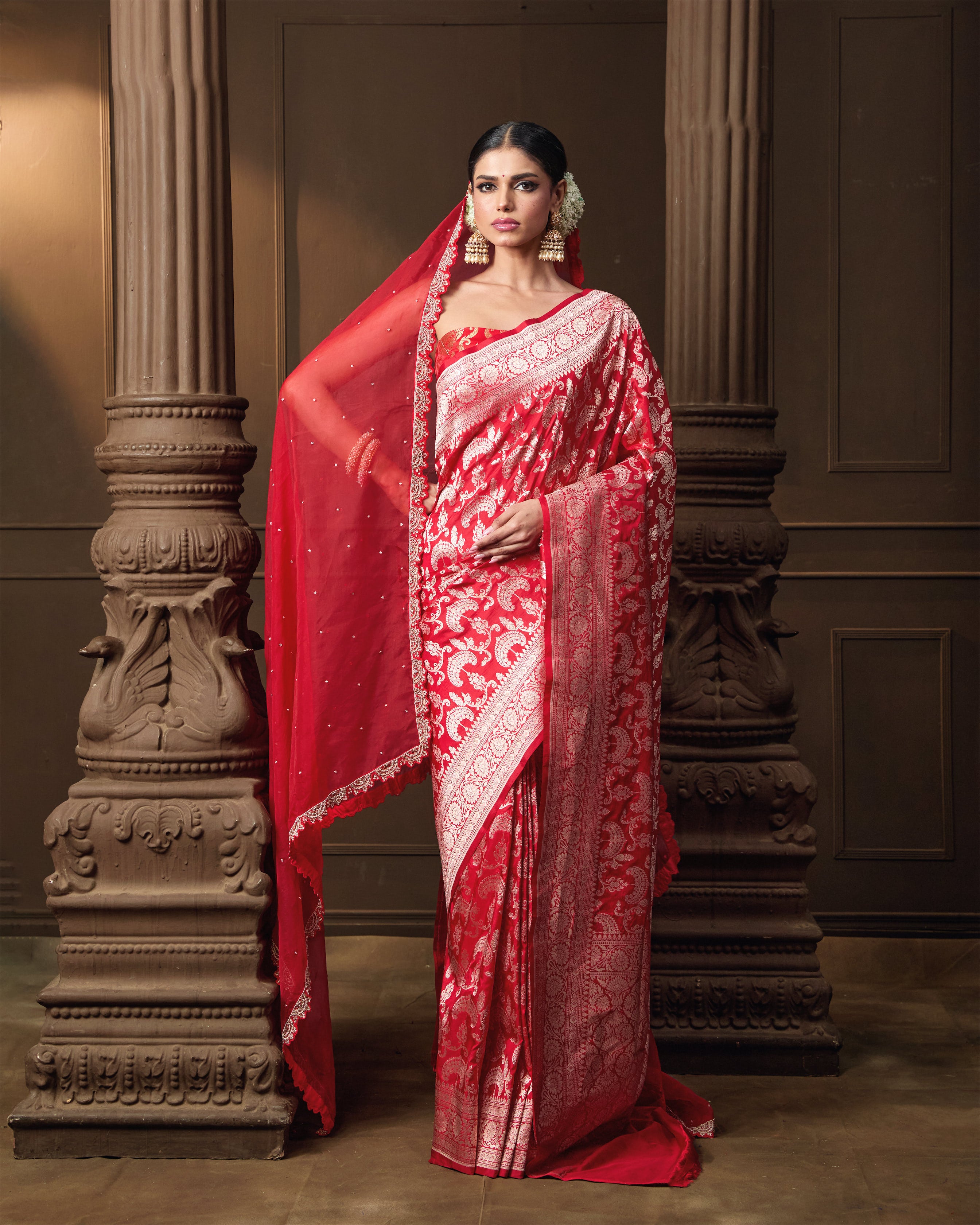 Red Jaal Banarasi Silk Saree with Running Blouse