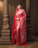 Red Jaal Banarasi Silk Saree with Running Blouse