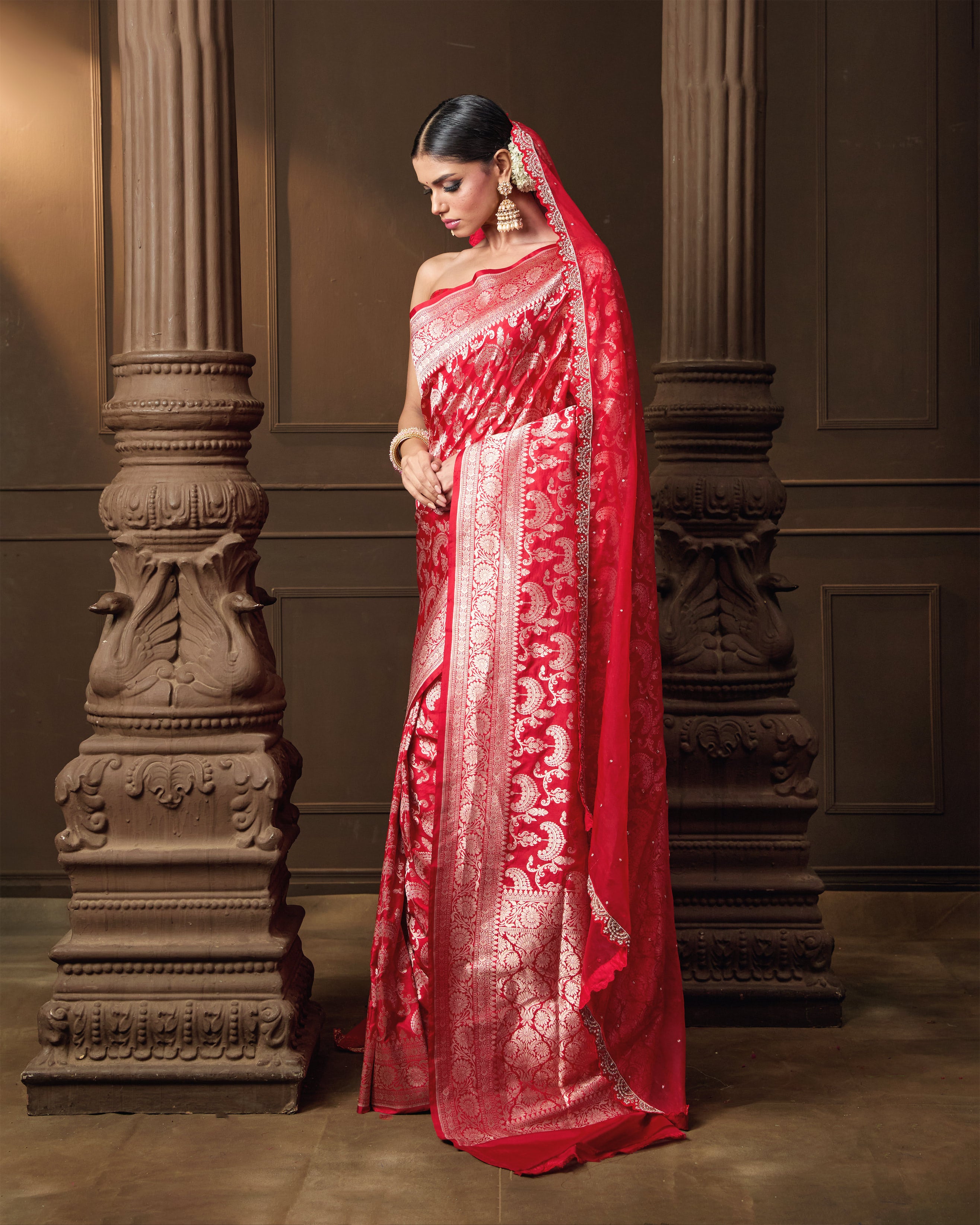 Red Jaal Banarasi Silk Saree with Running Blouse