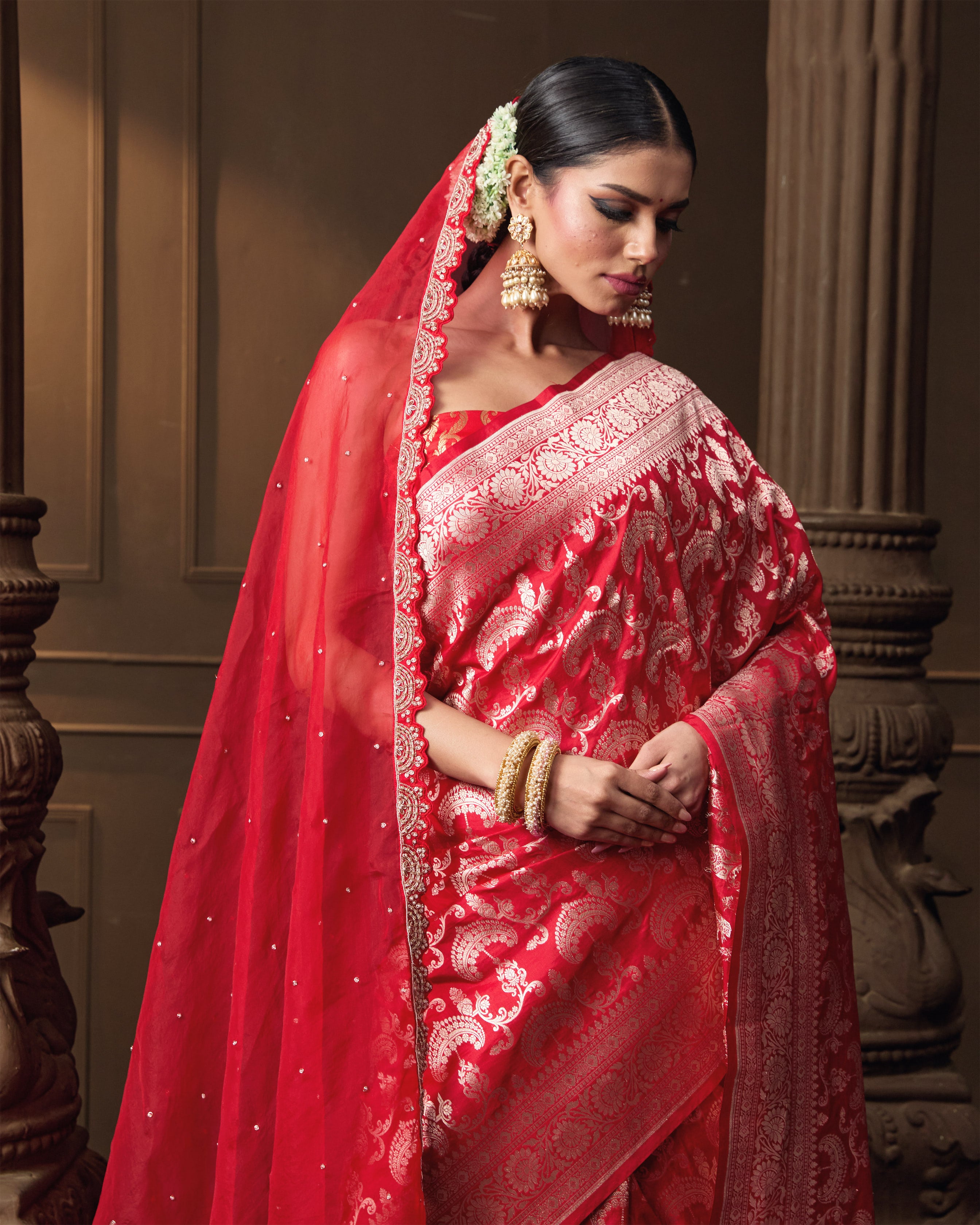 Red Jaal Banarasi Silk Saree with Running Blouse