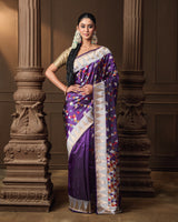 Purple Multi-Coloured Banarasi Silk Saree with Origami Weave & Running Blouse