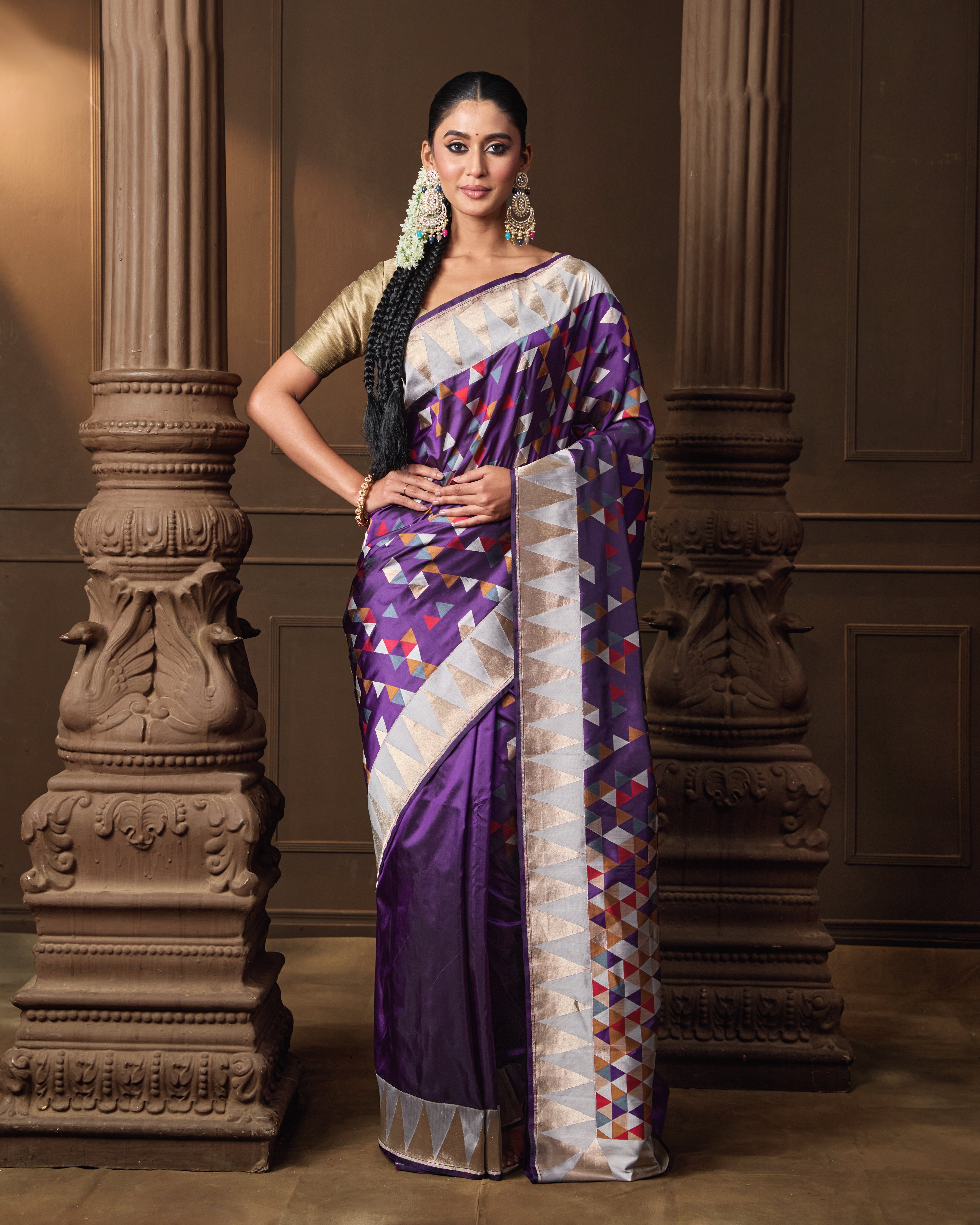 Purple Multi-Coloured Banarasi Silk Saree with Origami Weave & Running Blouse