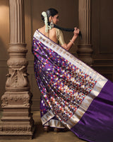 Purple Multi-Coloured Banarasi Silk Saree with Origami Weave & Running Blouse