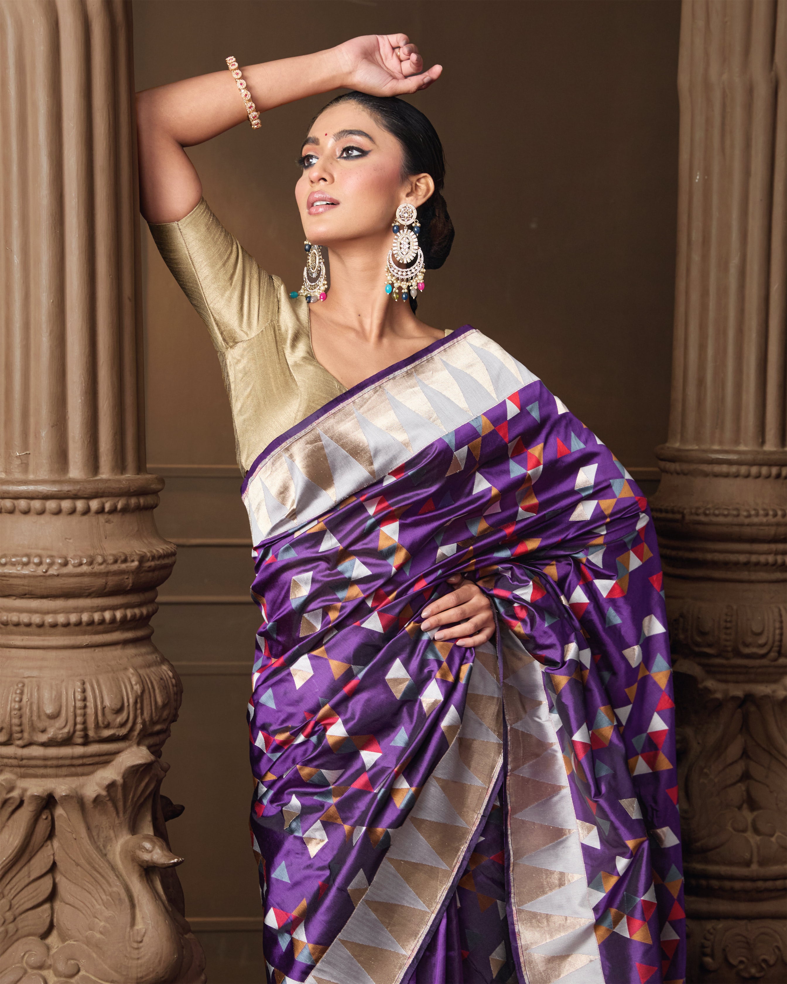 Purple Multi-Coloured Banarasi Silk Saree with Origami Weave & Running Blouse
