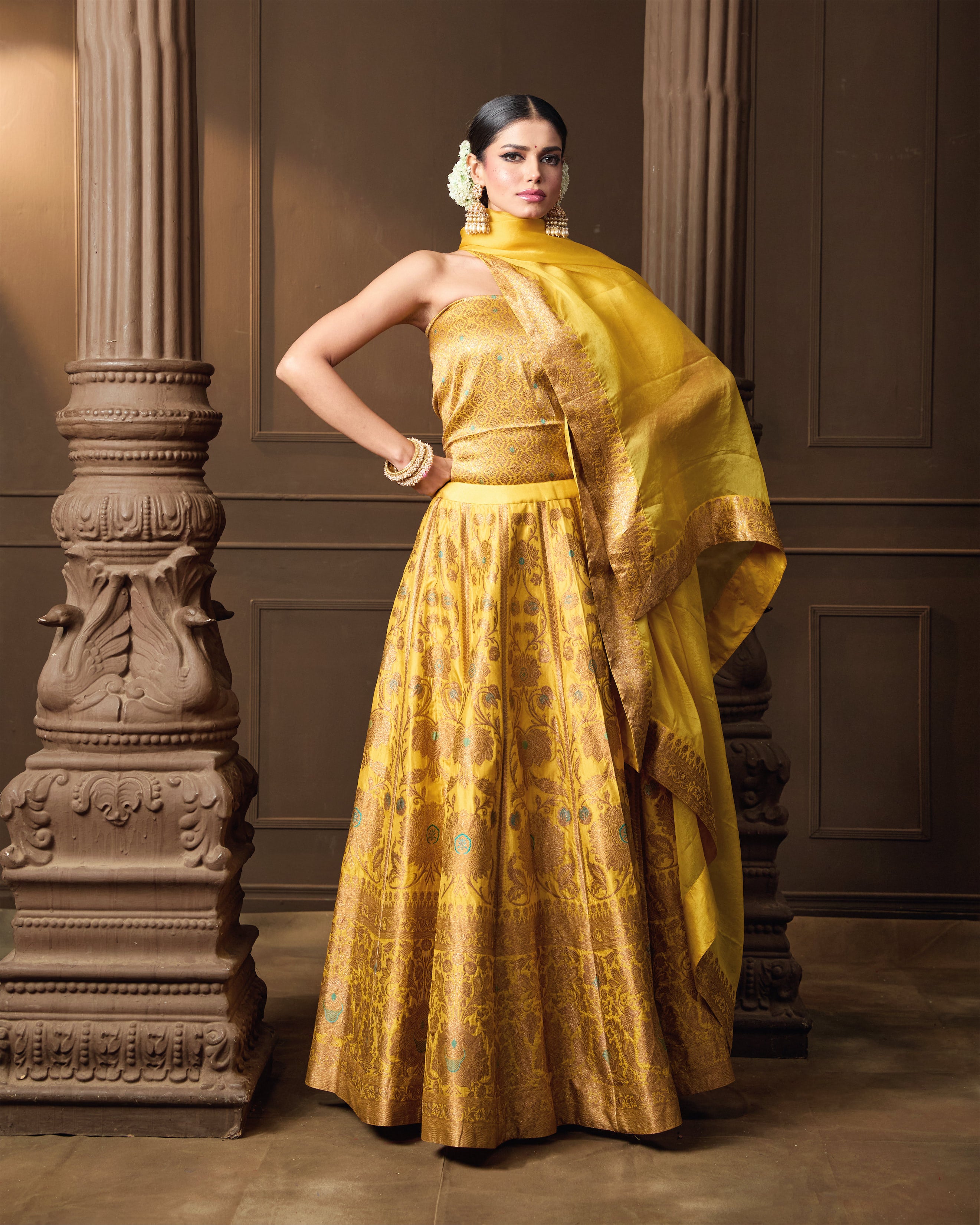 Yellow Lehenga with Meenakari, Organza Dupatta & Jaal Blouse Piece