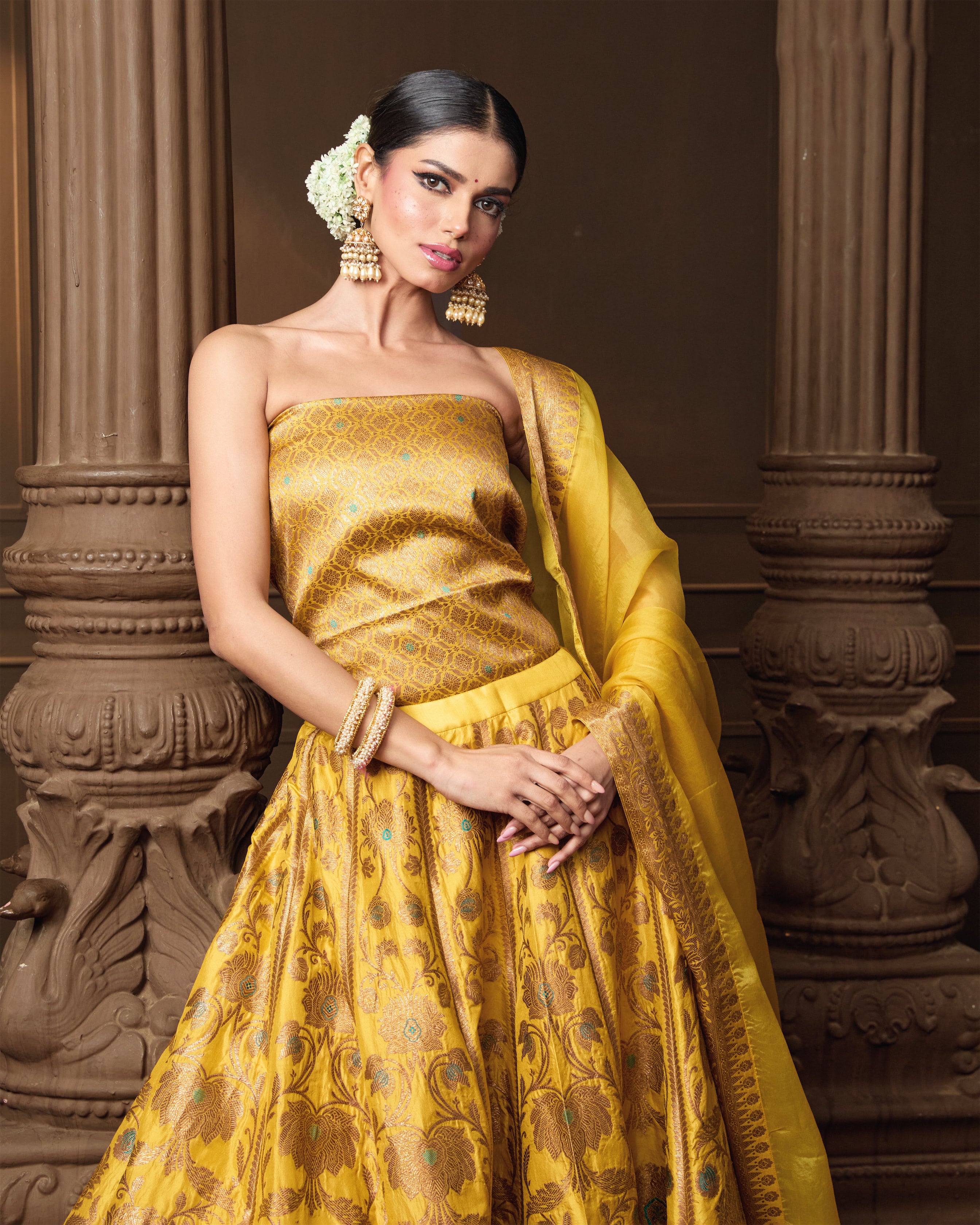 Yellow Lehenga with Meenakari, Organza Dupatta & Jaal Blouse Piece