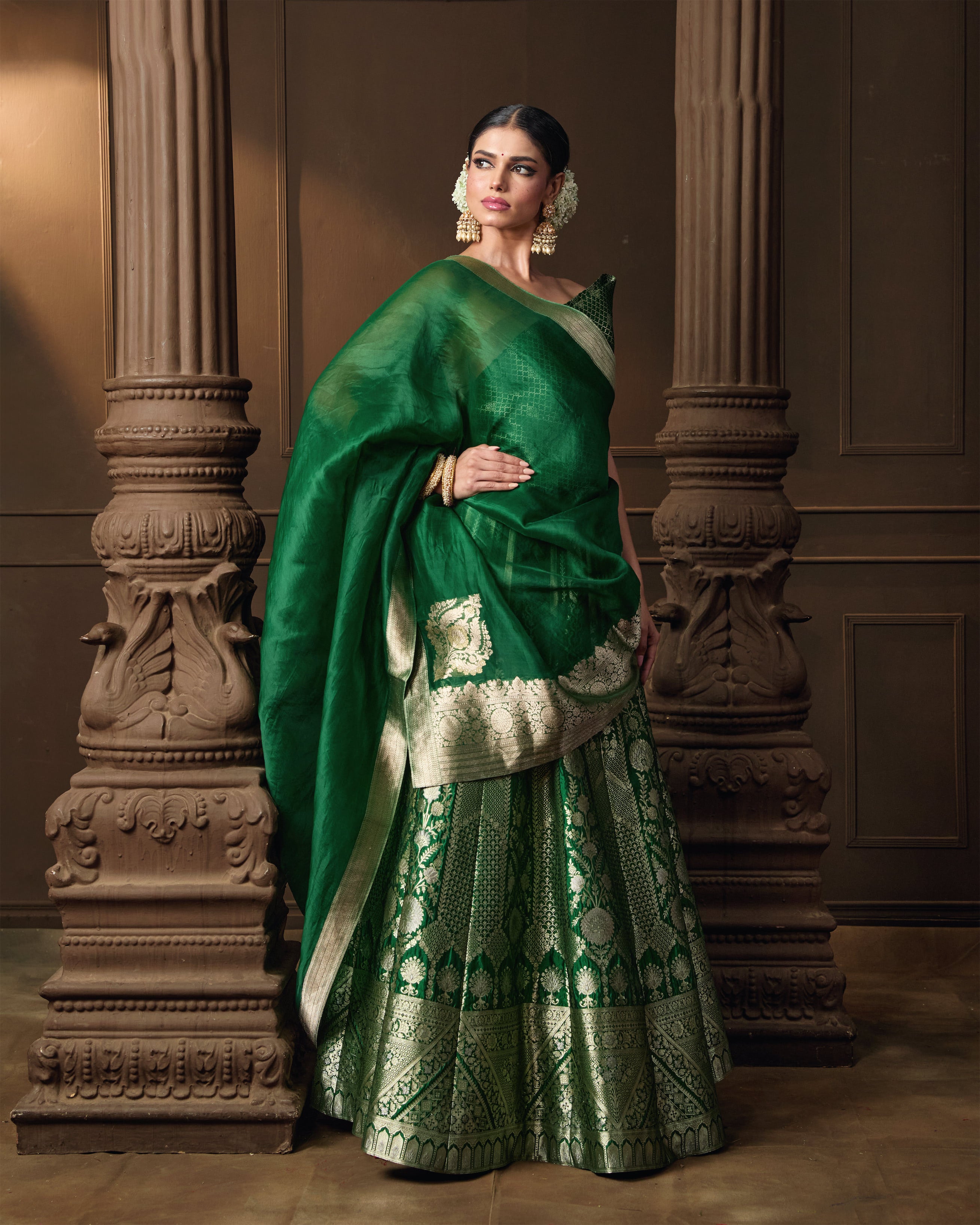 Green Summer Silk Lehenga with Banarasi Kora Dupatta & Jaal Blouse Piece