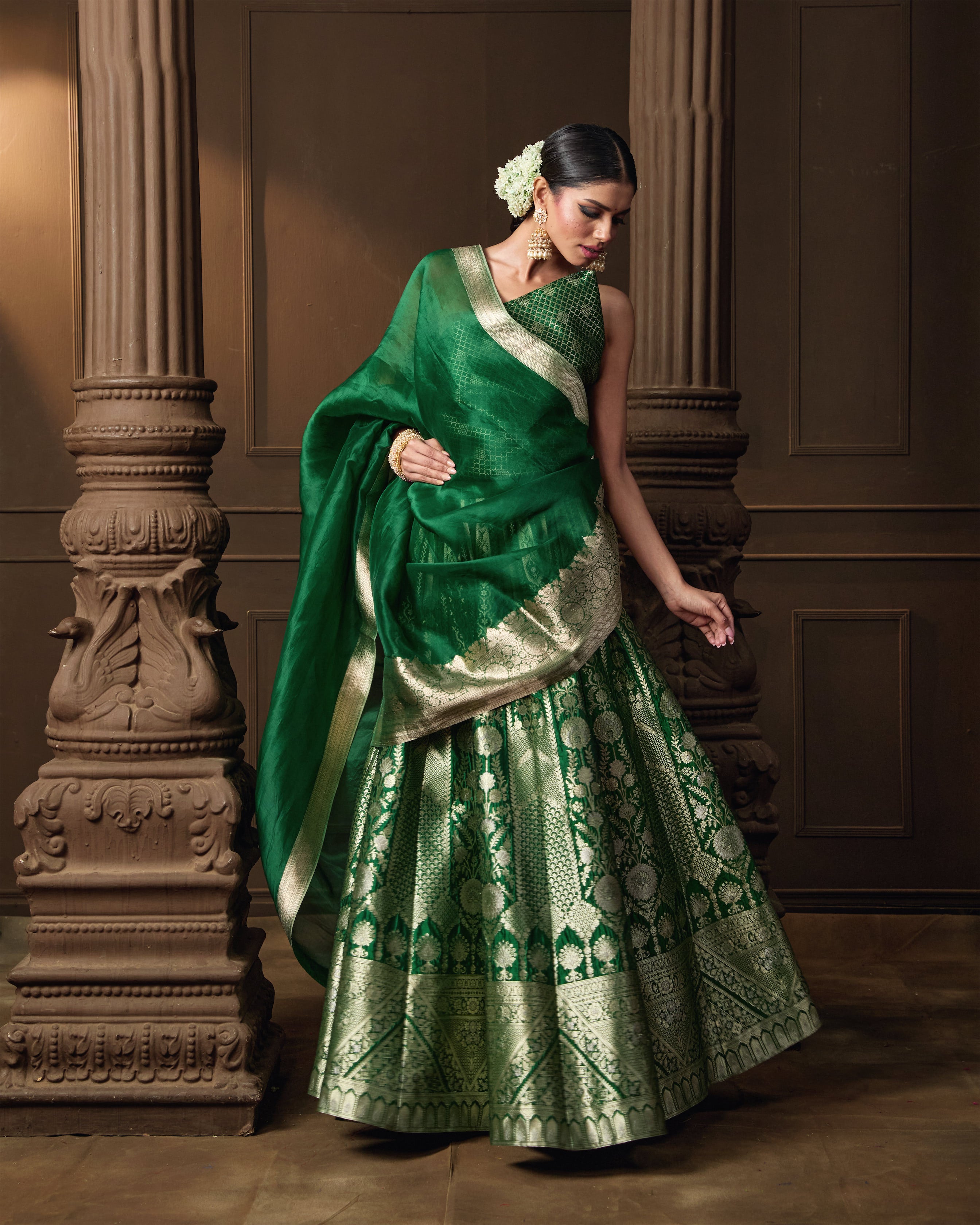Green Summer Silk Lehenga with Banarasi Kora Dupatta & Jaal Blouse Piece
