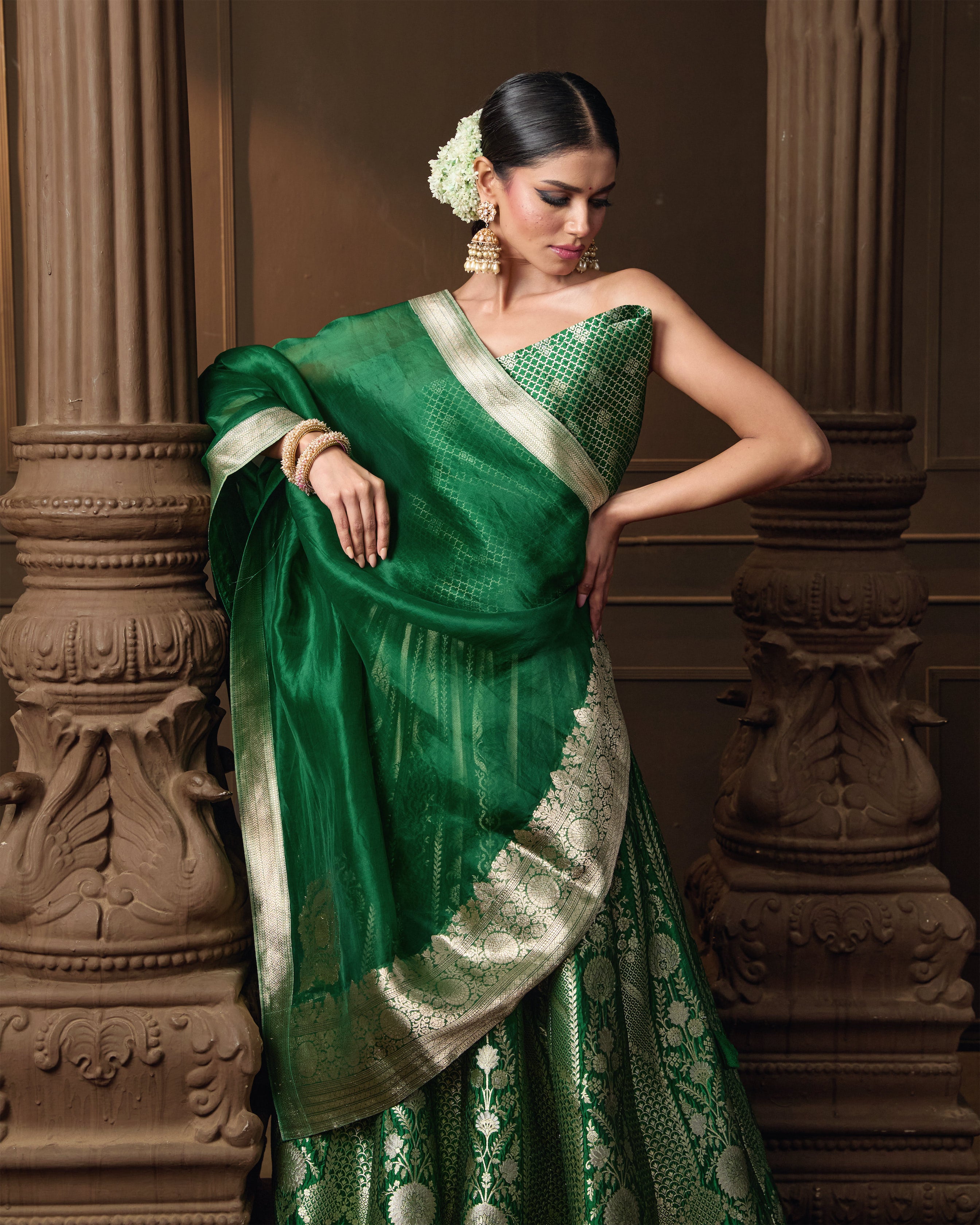 Green Summer Silk Lehenga with Banarasi Kora Dupatta & Jaal Blouse Piece