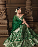 Green Summer Silk Lehenga with Banarasi Kora Dupatta & Jaal Blouse Piece