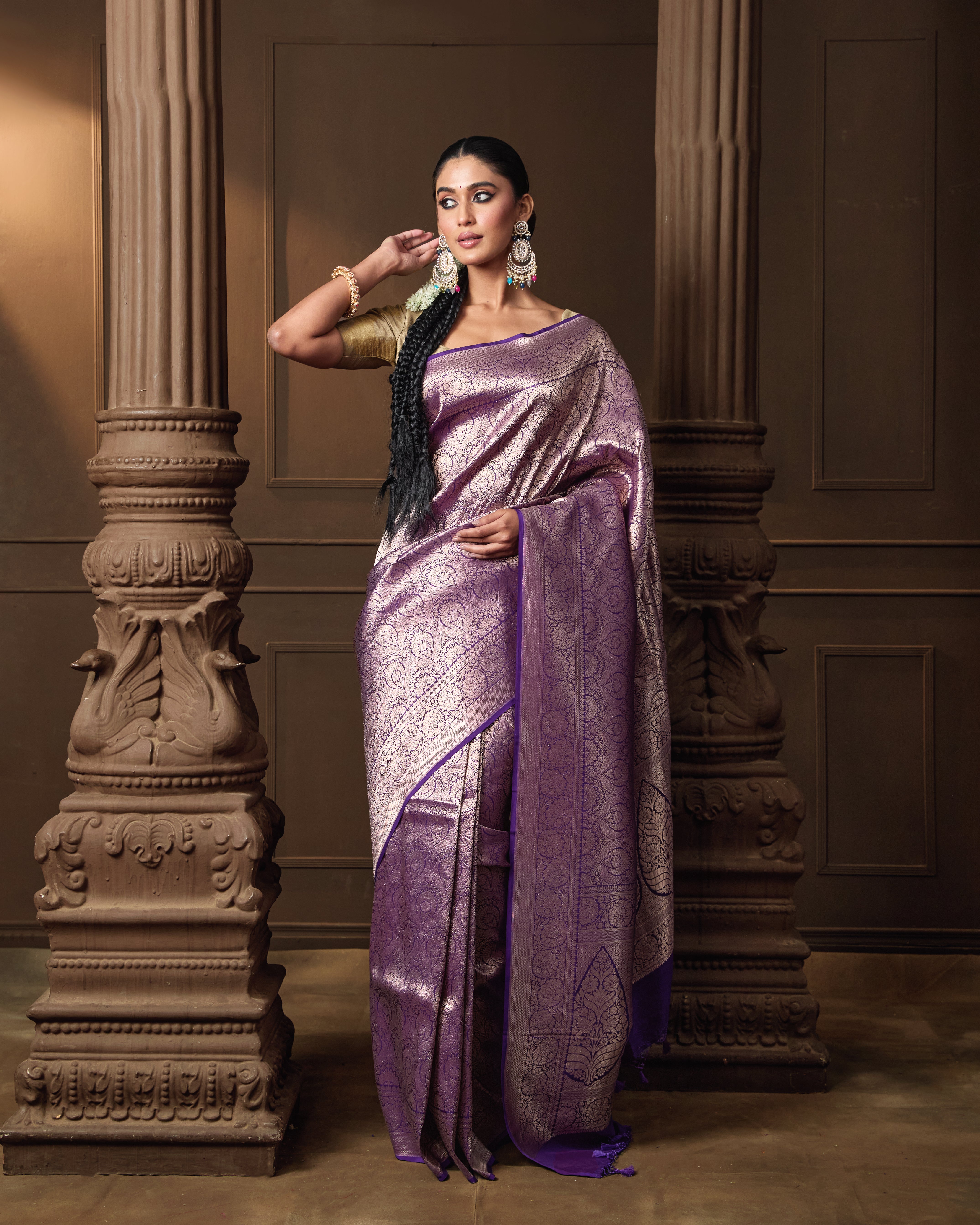 Purple Brocade Banarasi Silk Saree with Running Blouse