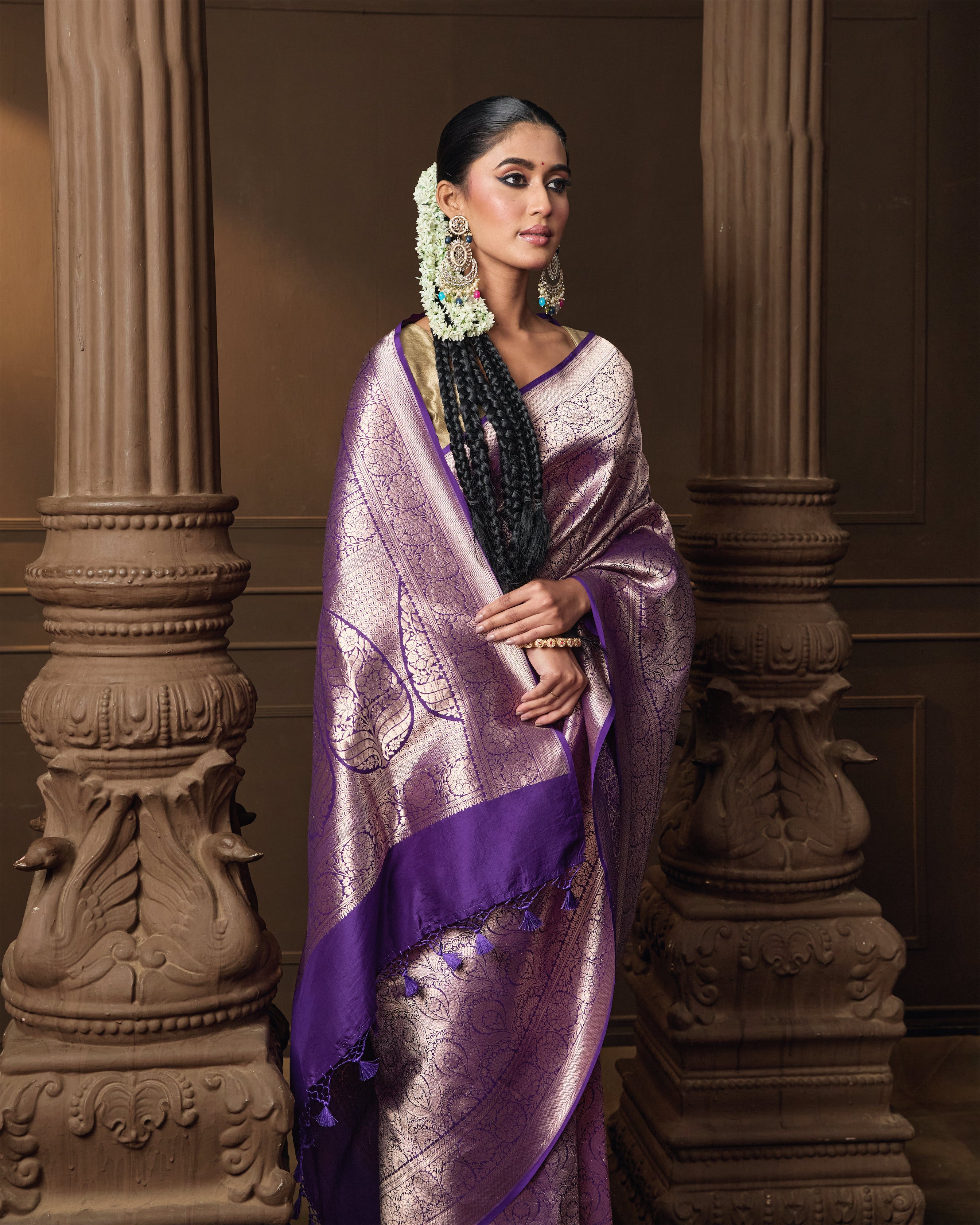 Purple Brocade Banarasi Silk Saree with Running Blouse