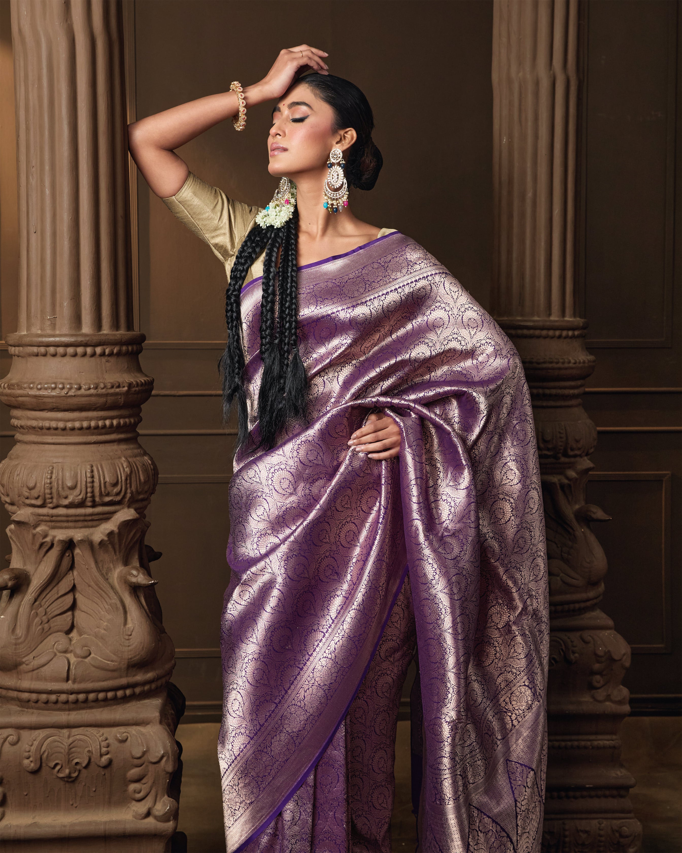 Purple Brocade Banarasi Silk Saree with Running Blouse