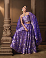 Purple Gold & Silver Zari Silk Lehenga with Banarasi Kora Dupatta & Jaal Blouse Piece
