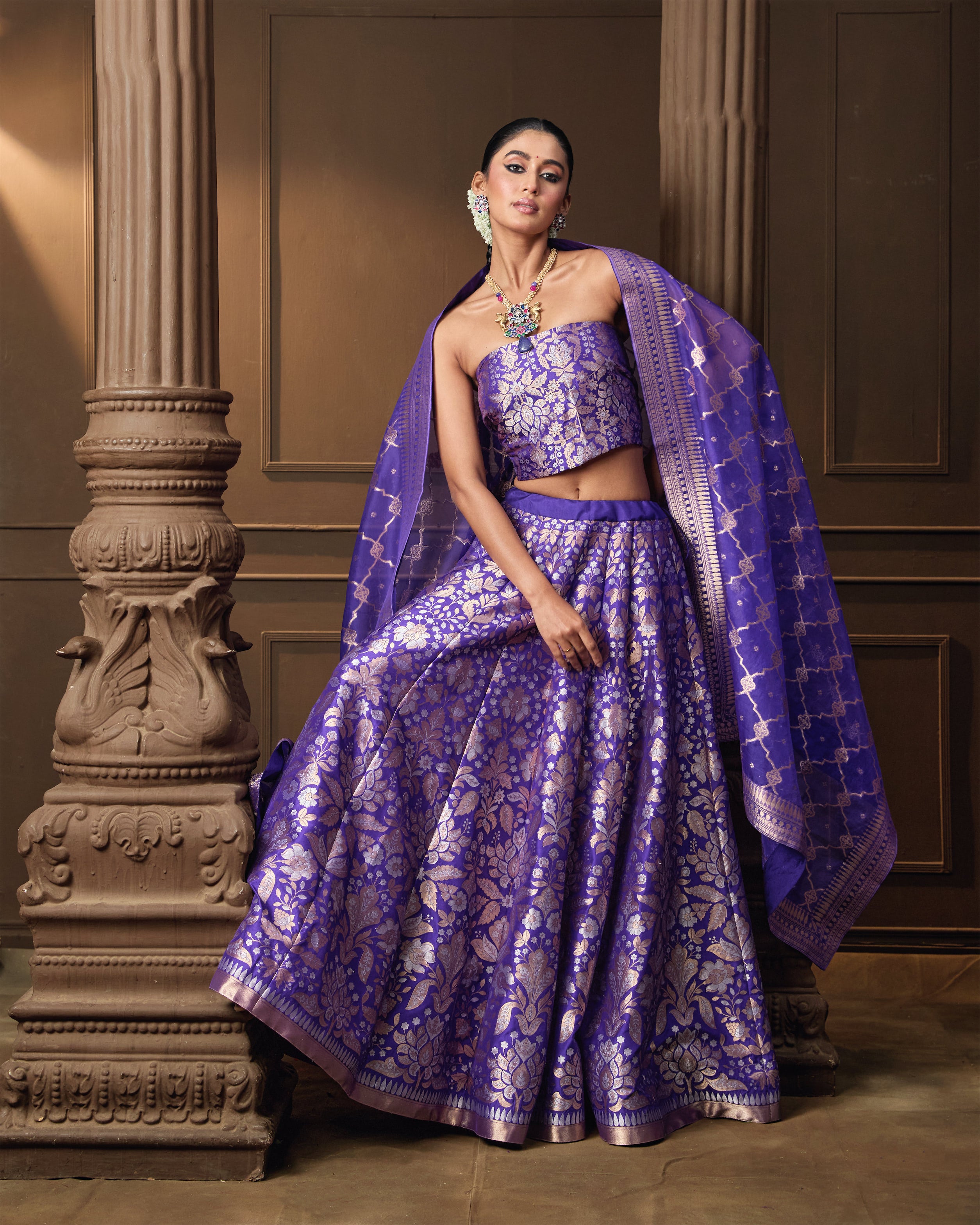Purple Gold & Silver Zari Silk Lehenga with Banarasi Kora Dupatta & Jaal Blouse Piece