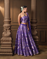 Purple Gold & Silver Zari Silk Lehenga with Banarasi Kora Dupatta & Jaal Blouse Piece