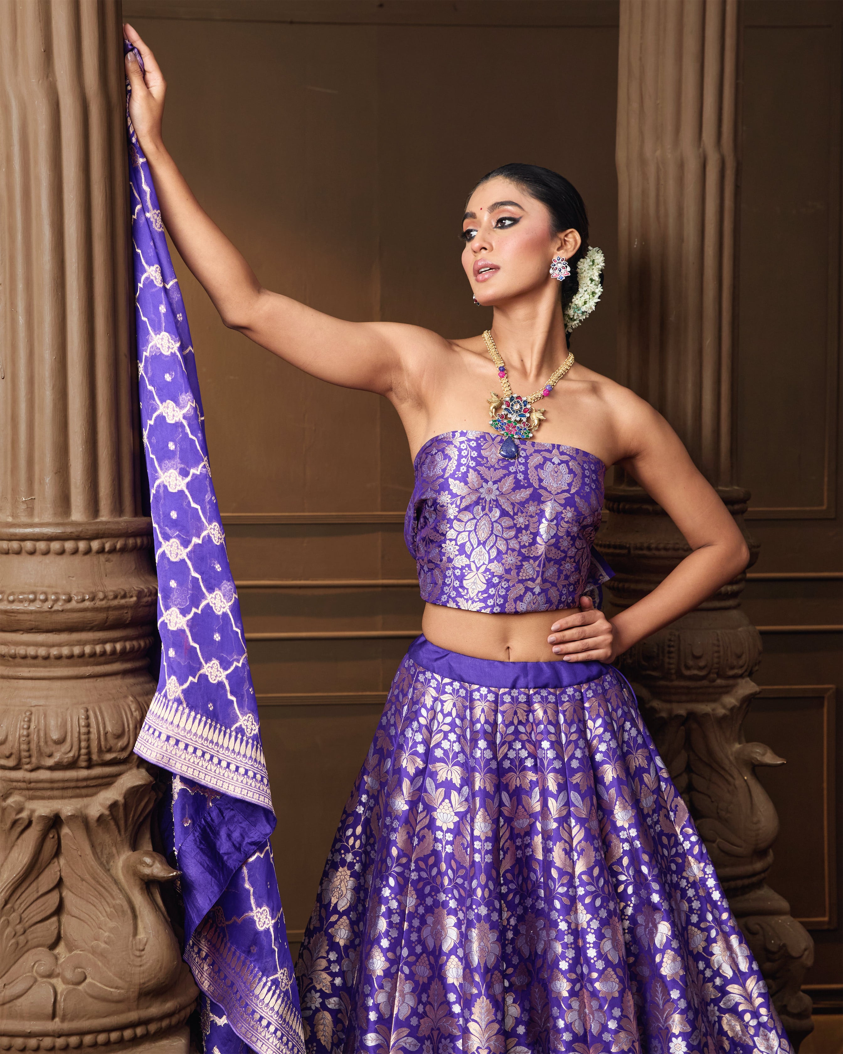 Purple Gold & Silver Zari Silk Lehenga with Banarasi Kora Dupatta & Jaal Blouse Piece