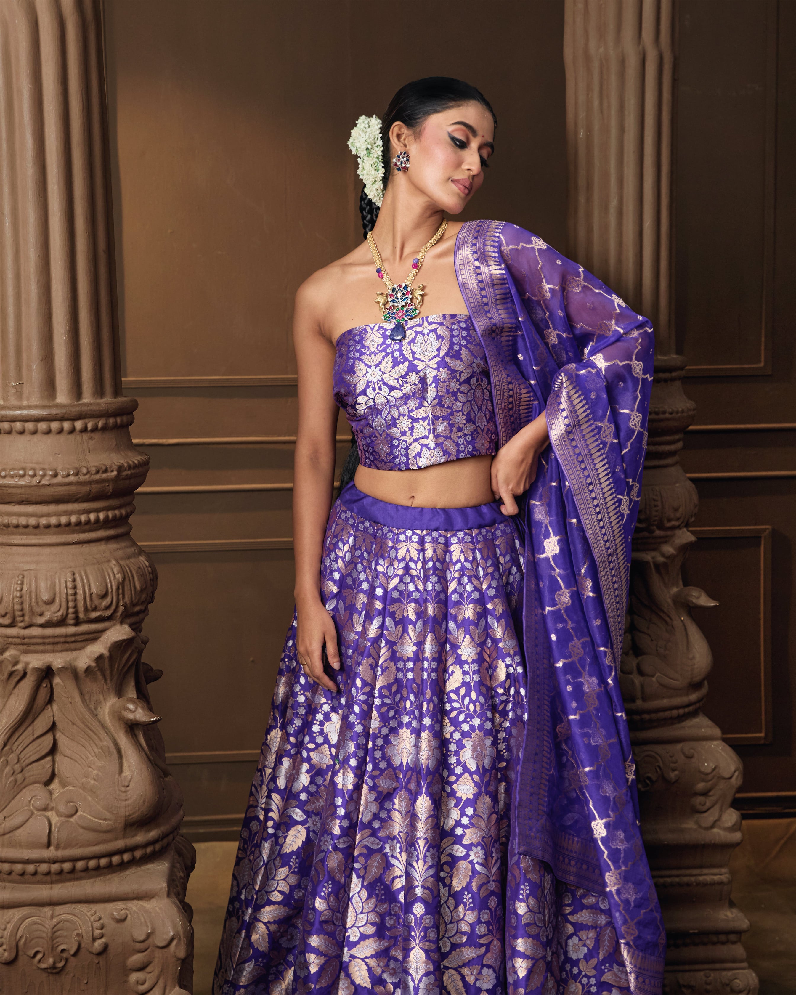 Purple Gold & Silver Zari Silk Lehenga with Banarasi Kora Dupatta & Jaal Blouse Piece