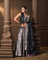 Black Silver Zari Silk Lehenga with Organza Dupatta & Jaal Blouse