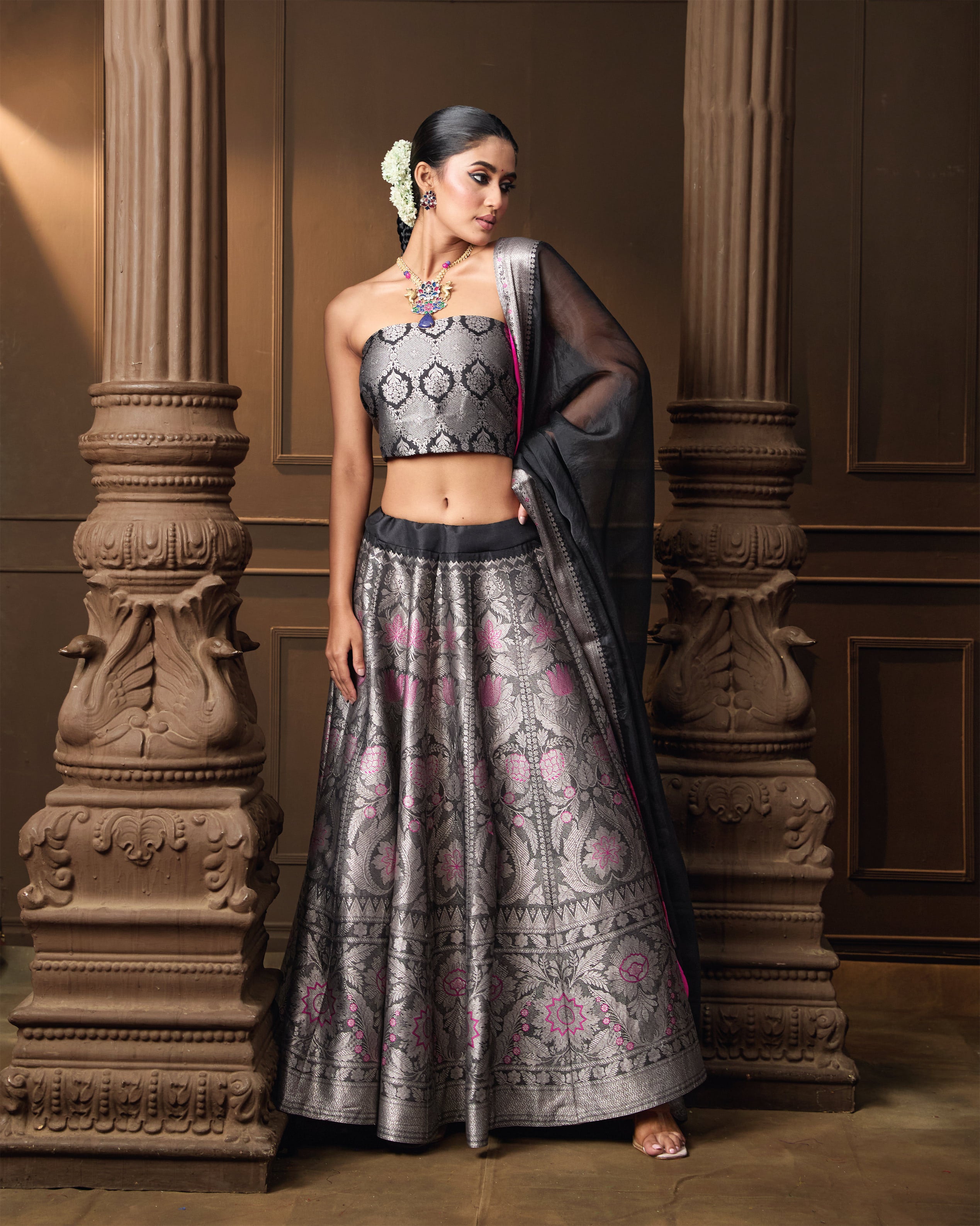 Black Silver Zari Silk Lehenga with Organza Dupatta & Jaal Blouse