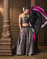 Black Silver Zari Silk Lehenga with Organza Dupatta & Jaal Blouse