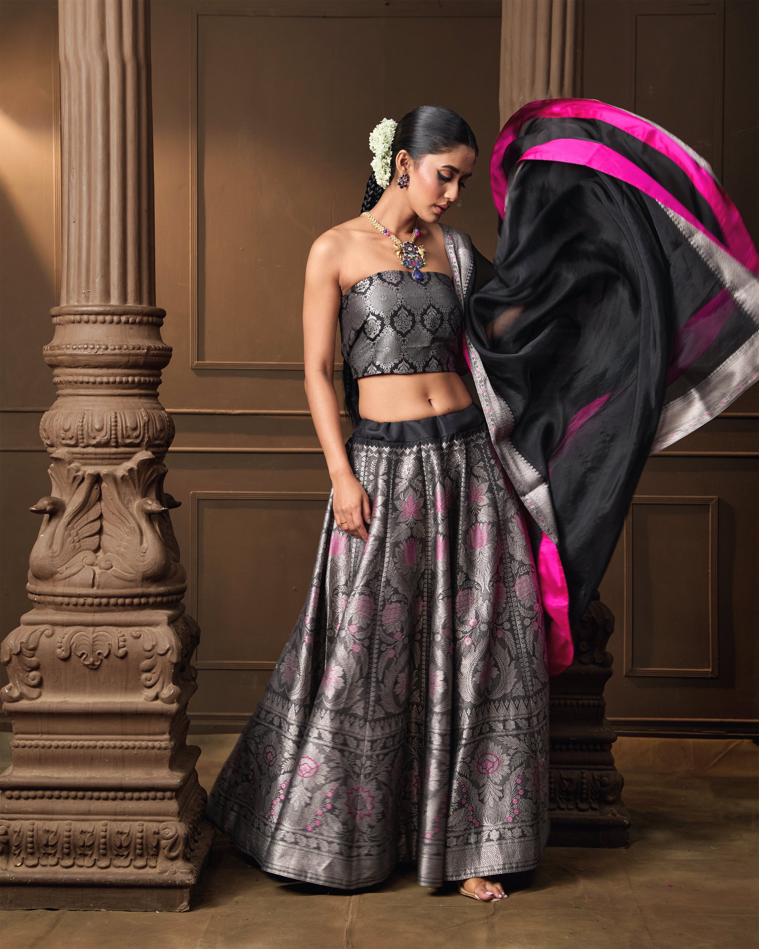 Black Silver Zari Silk Lehenga with Organza Dupatta & Jaal Blouse