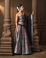 Black Silver Zari Silk Lehenga with Organza Dupatta & Jaal Blouse