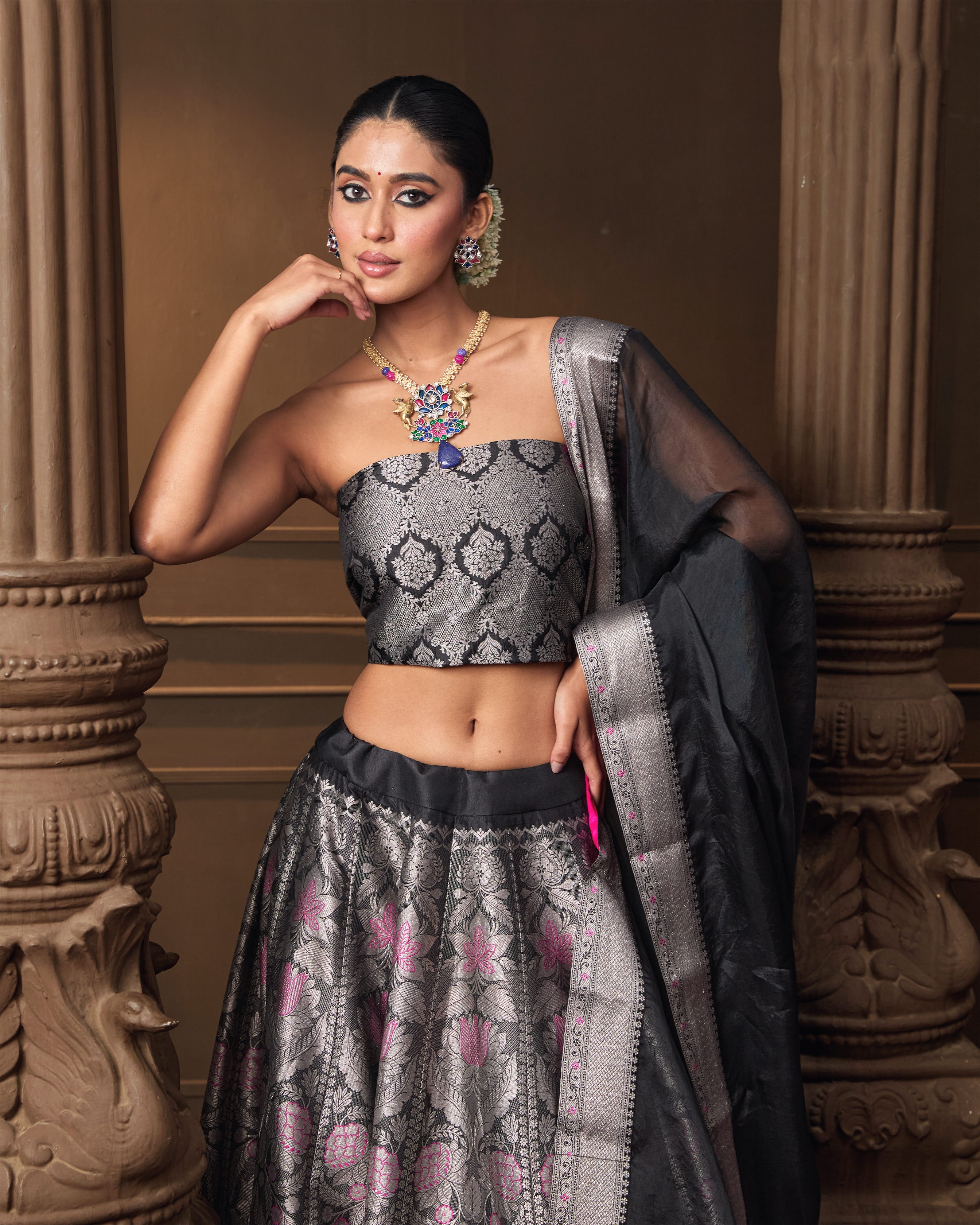 Black Silver Zari Silk Lehenga with Organza Dupatta & Jaal Blouse