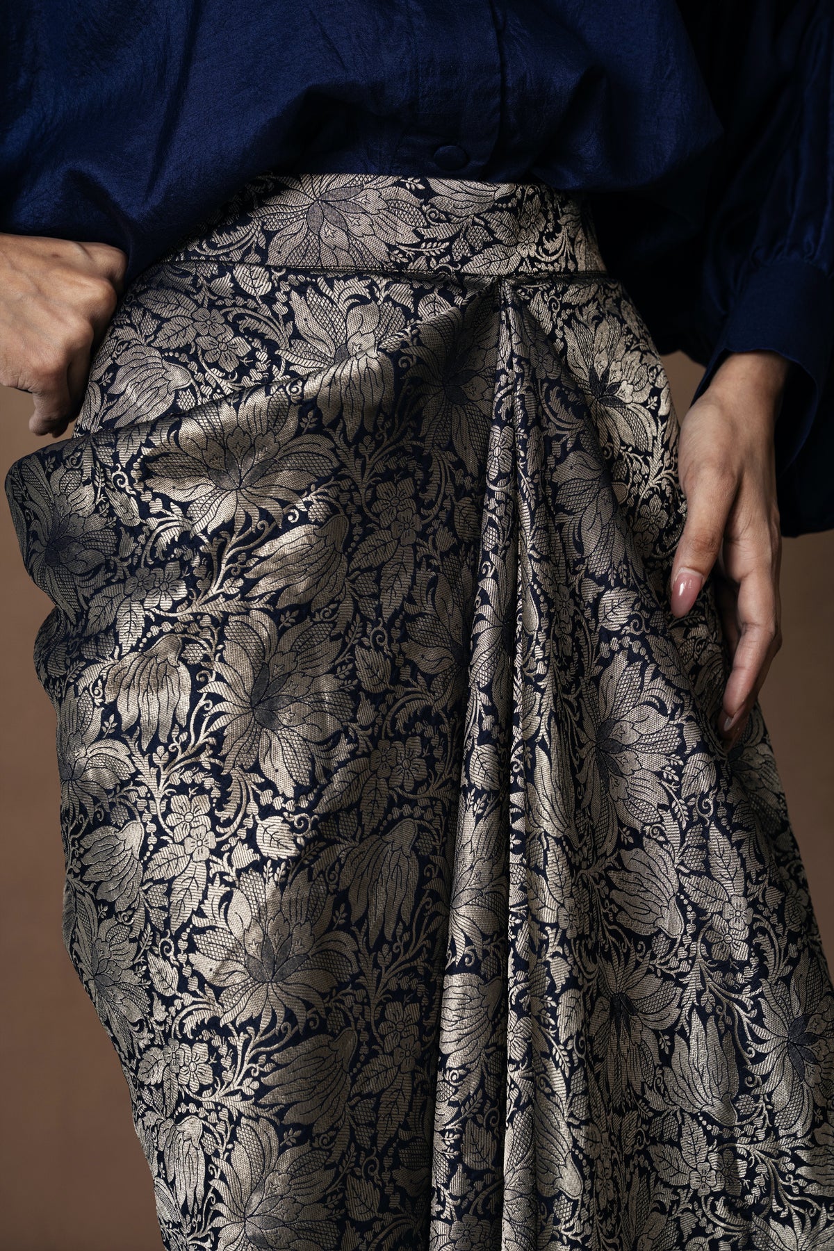 Brocade Draped Skirt with Silk Shirt