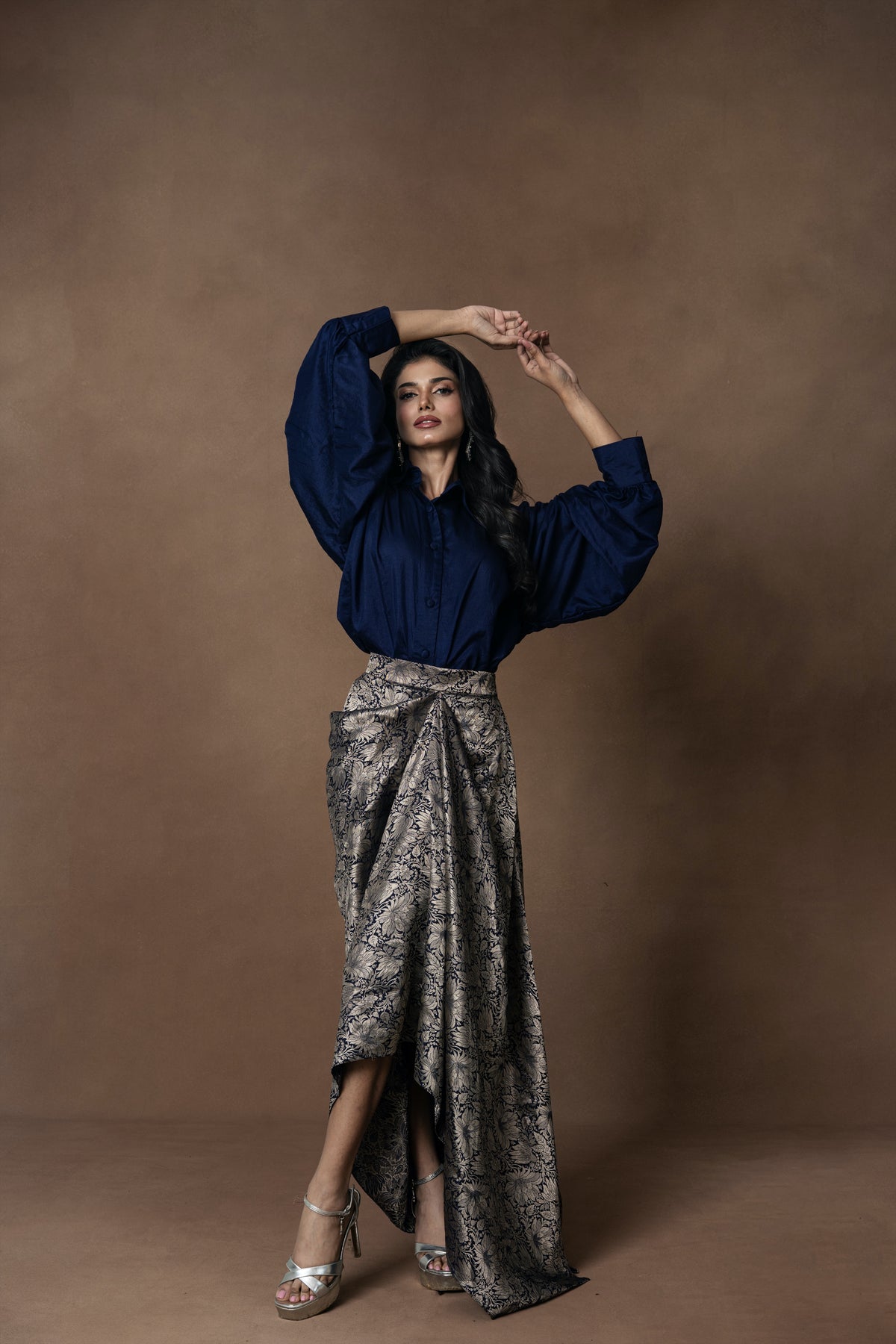 Brocade Draped Skirt with Silk Shirt