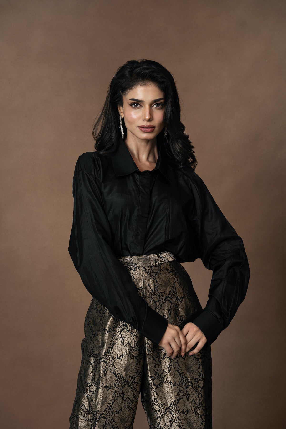 Brocade Barrel Pants with Black Silk Shirt