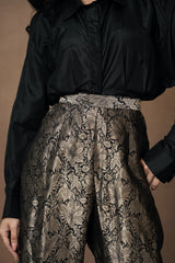 Brocade Barrel Pants with Black Silk Shirt