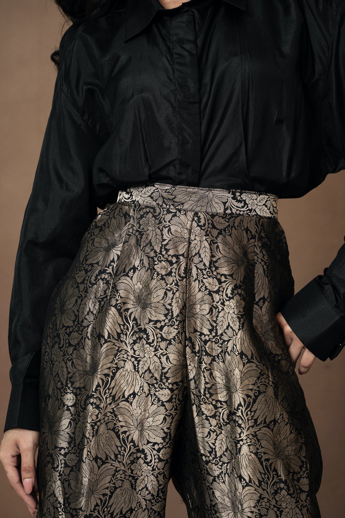 Brocade Barrel Pants with Black Silk Shirt