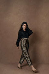 Brocade Barrel Pants with Black Silk Shirt